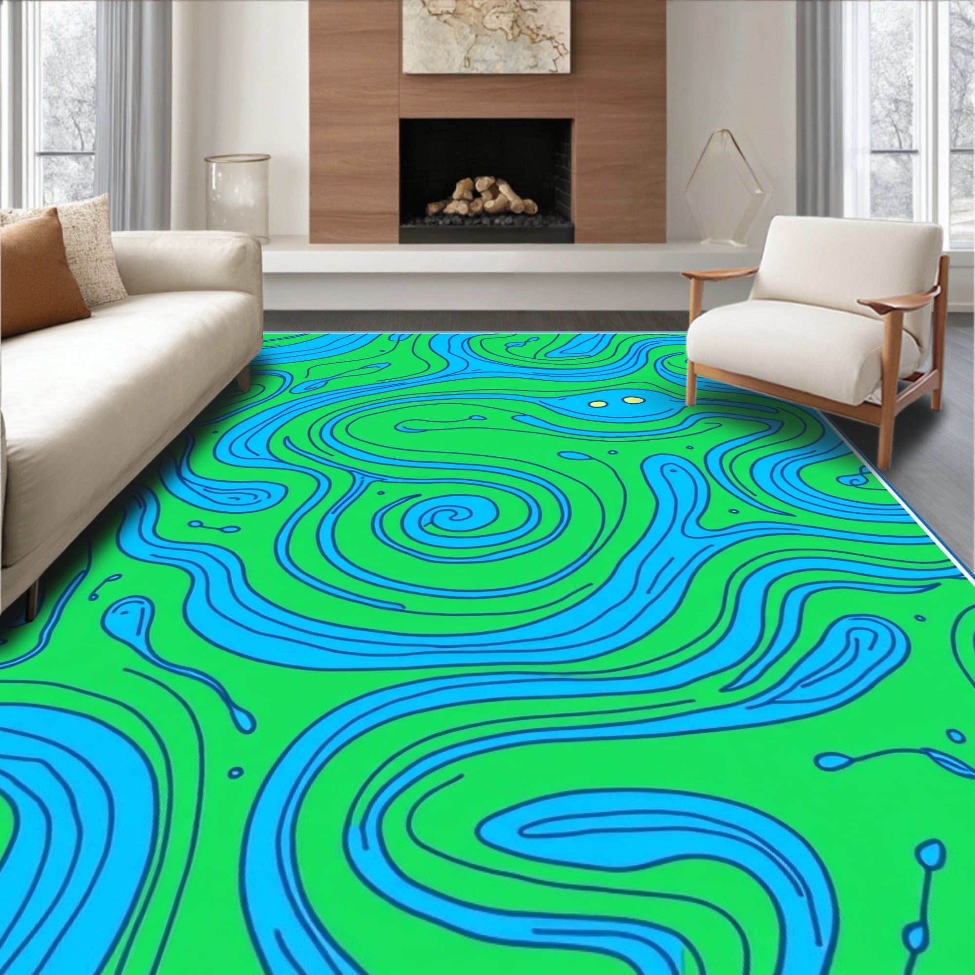 Vibrant Ocean Blue Swirling Current Rug