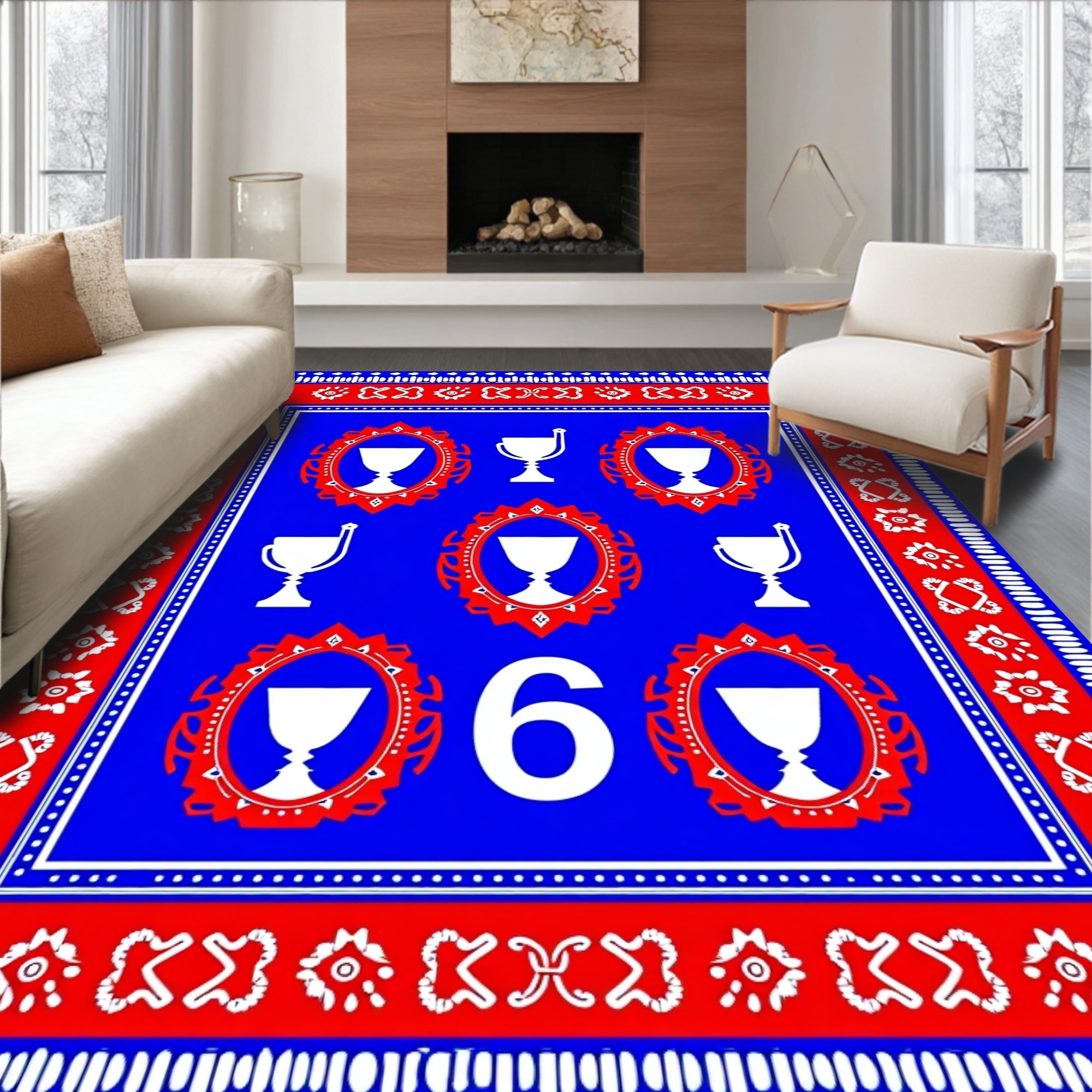 Bold Blue Trophy Medallion Number Rug