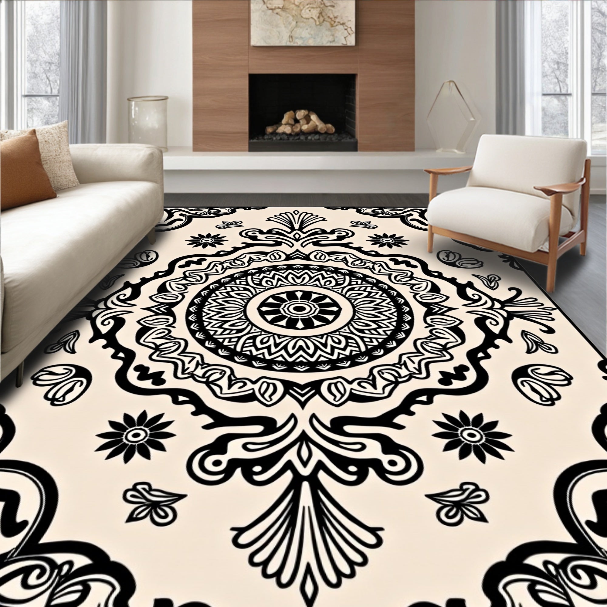 Black Cream Ornamental Mandala Rug