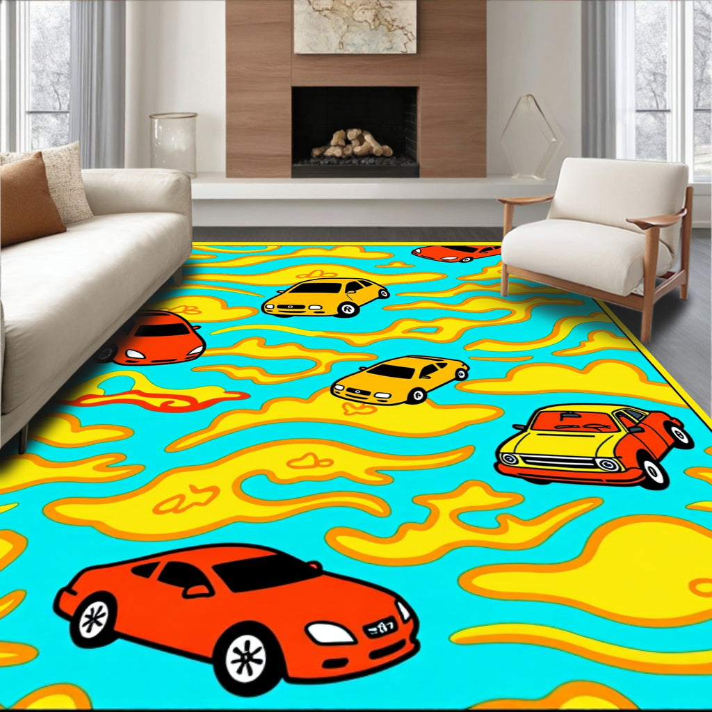 Retro Orange Yellow Car Clouds Rug