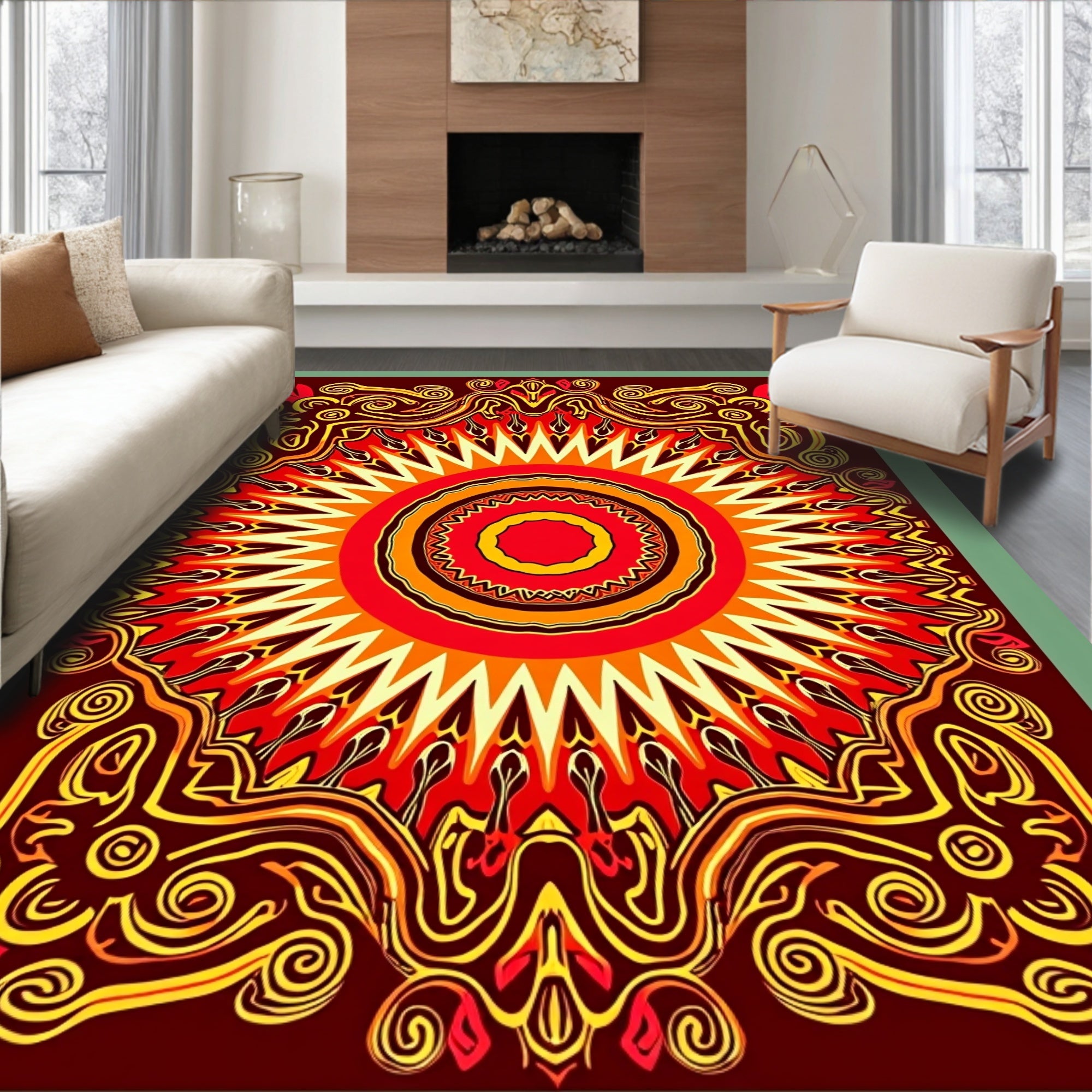 Vibrant Red Orange Sunburst Medallion Rug