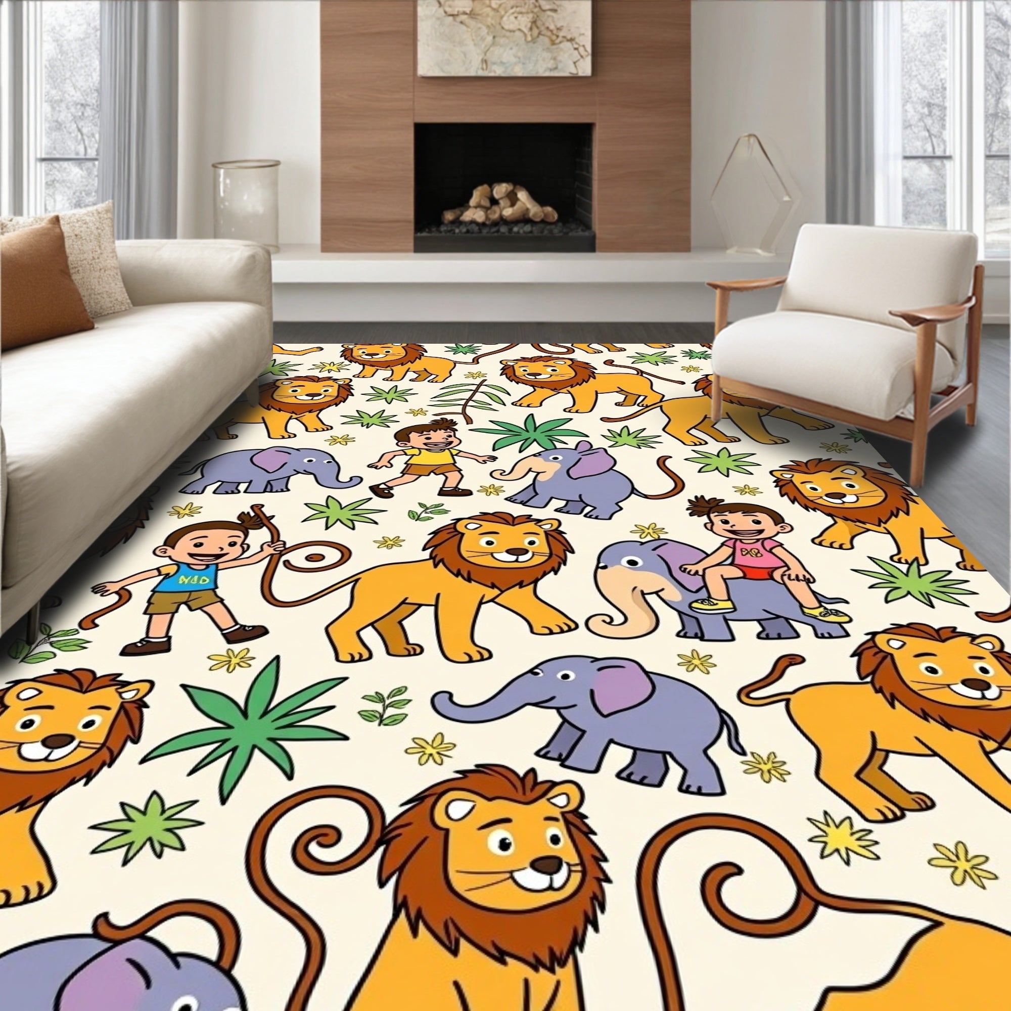 Cute Cartoon Lions Elephants Woodland Kids Rug