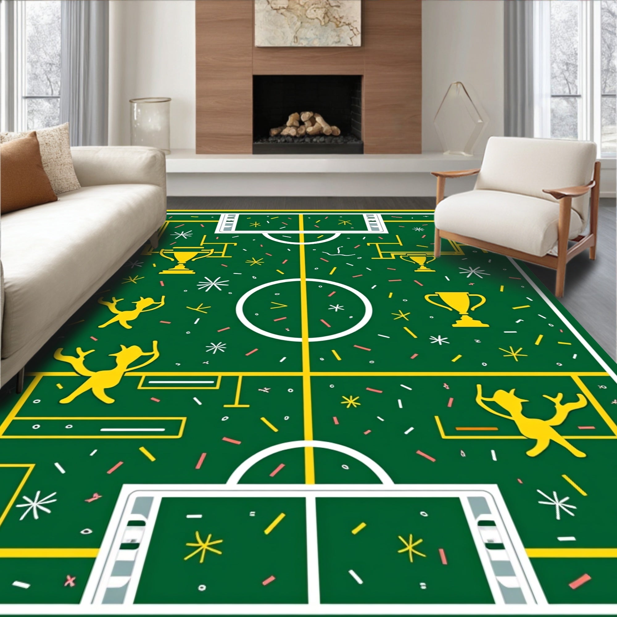 Green Golden Trophy Soccer Field Celebration Rug