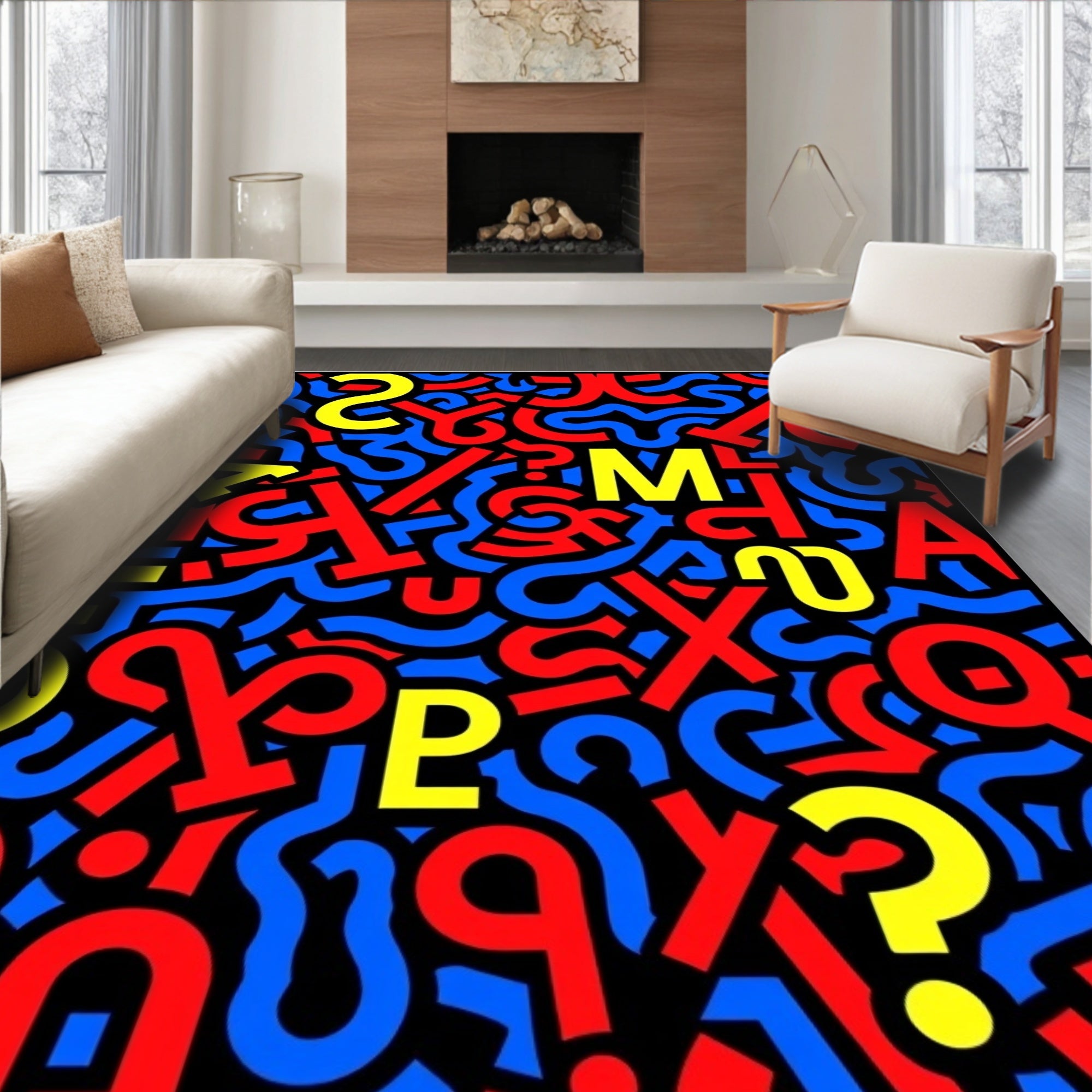 Bold Red Blue Yellow Alphabet Collage Rug