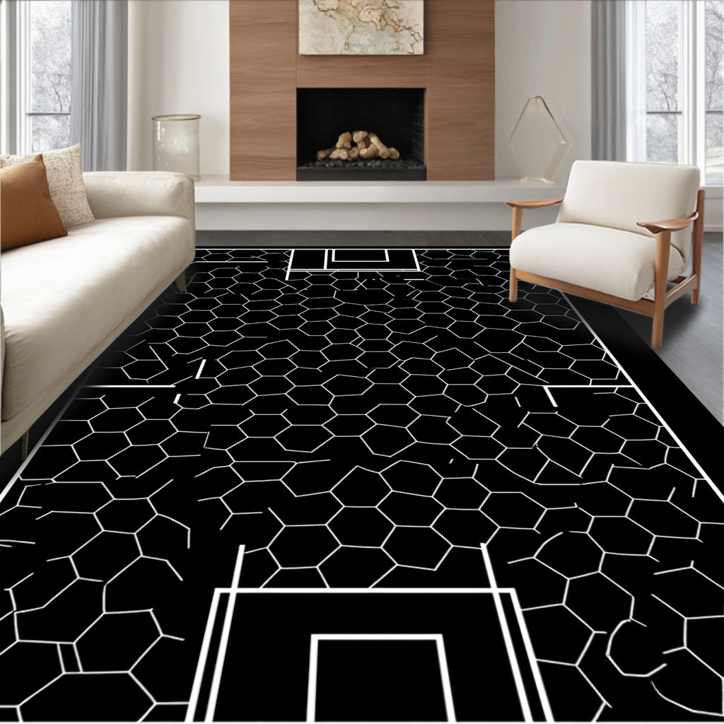 Black White Hexagonal Net Grid Rug