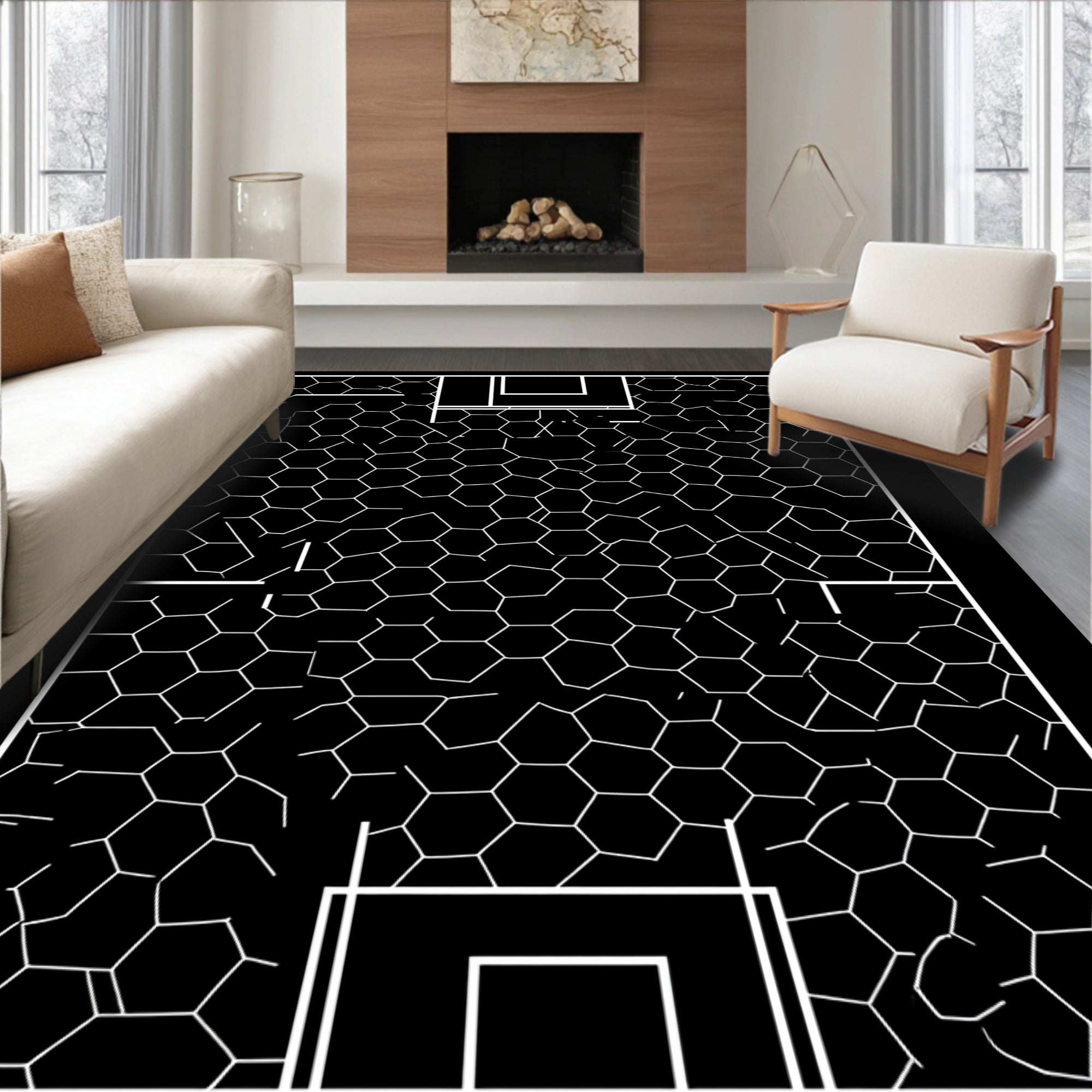 Black White Hexagonal Net Grid Rug