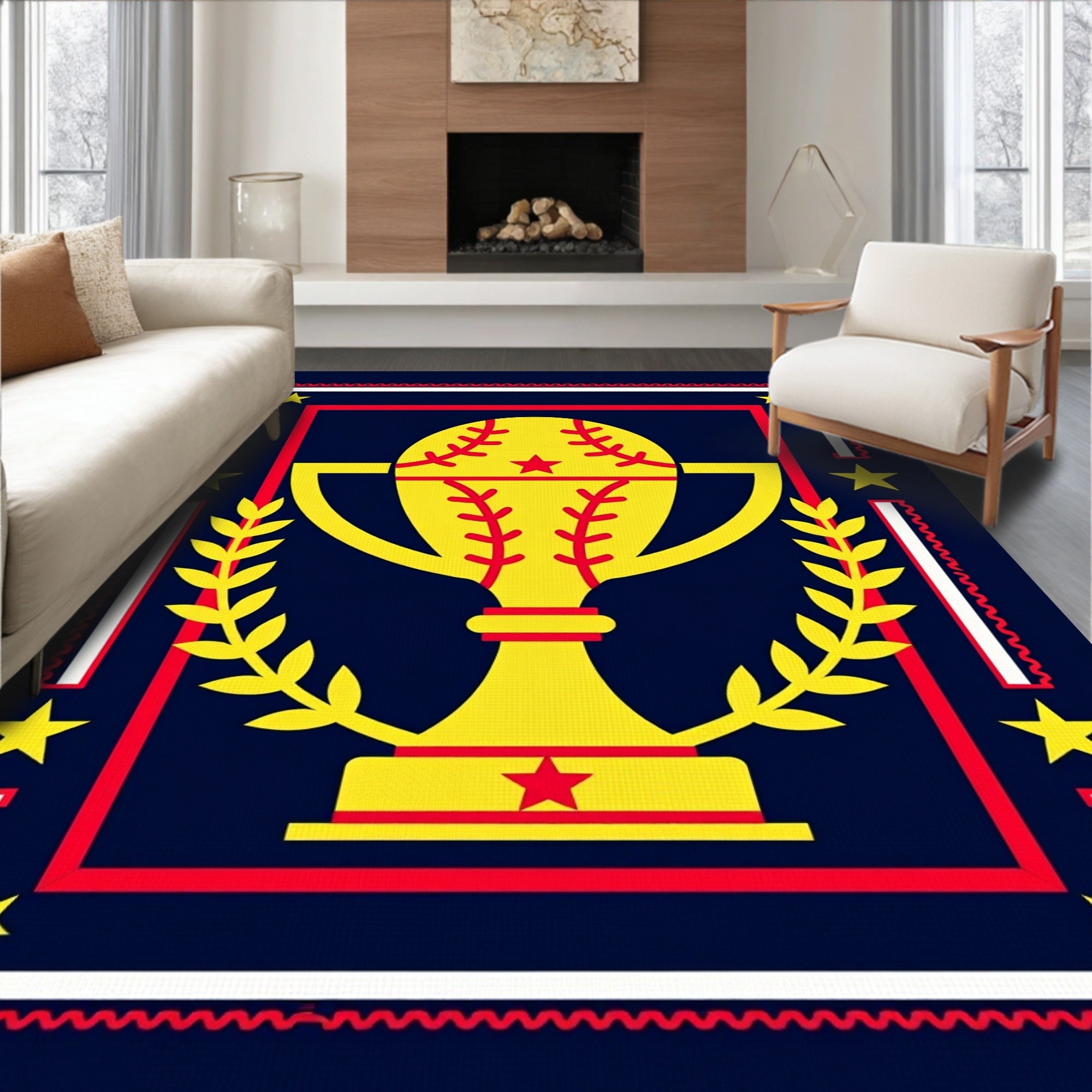 Winning Trophy Baseball Field Border Rug