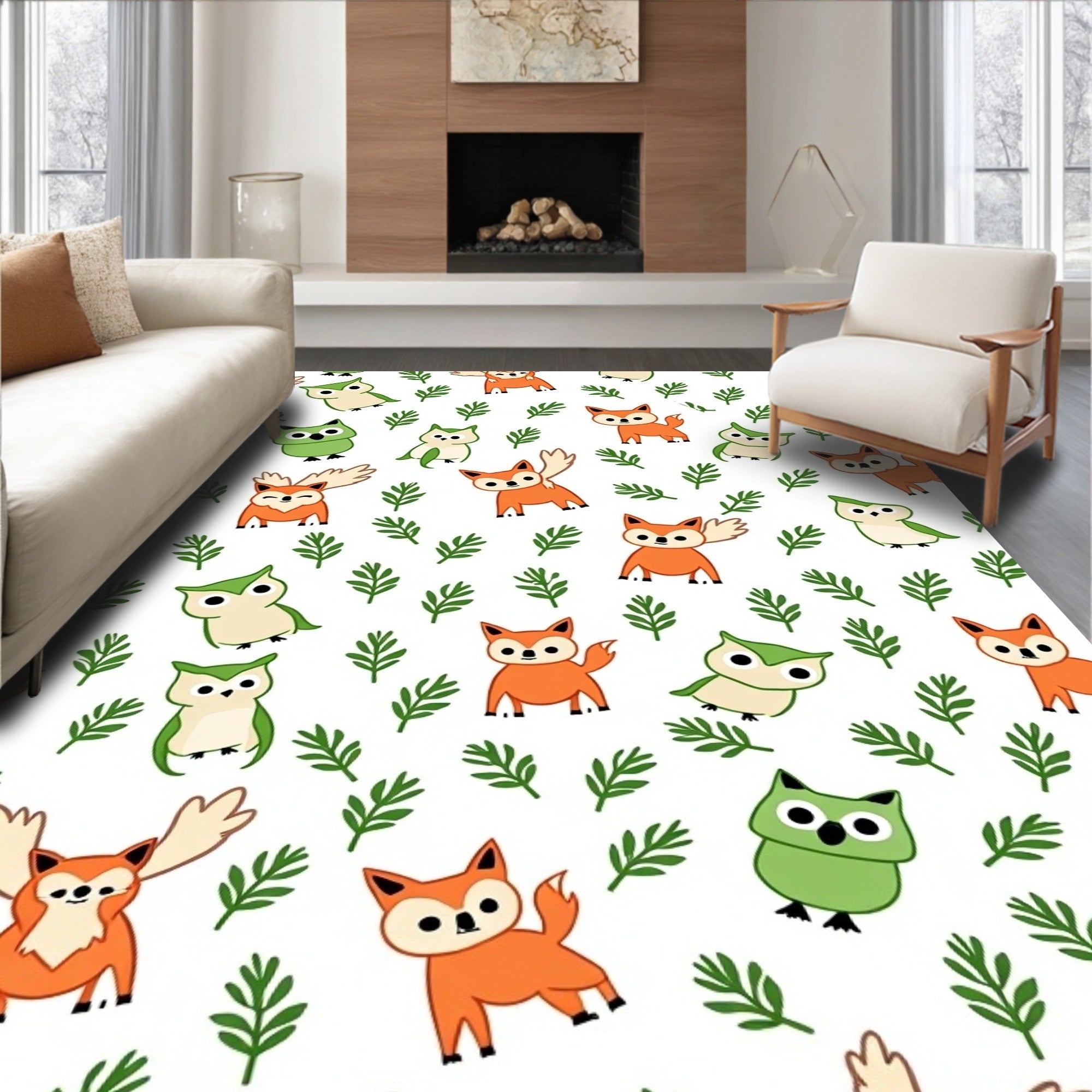 Woodland Foxes Owls Green Foliage Rug