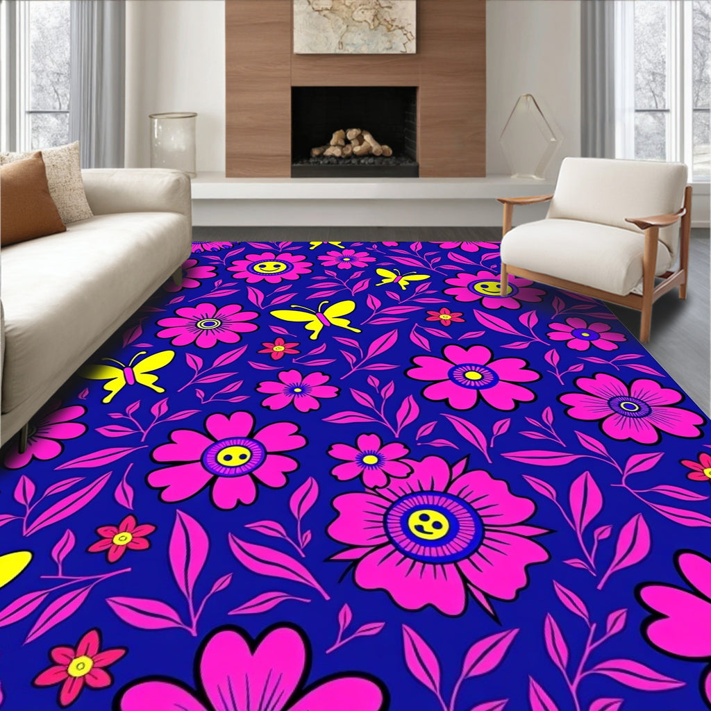 Pink Smiley Flower Yellow Butterfly Garden Rug