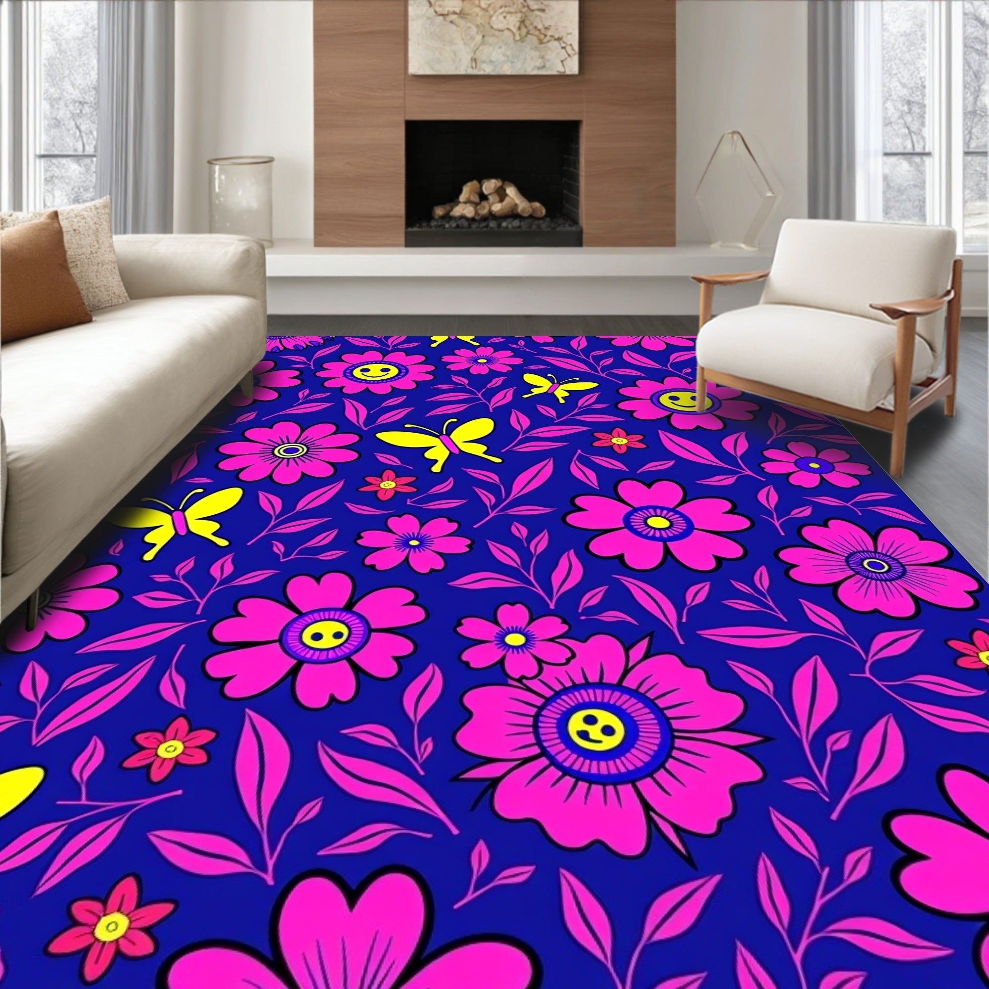 Pink Smiley Flower Yellow Butterfly Garden Rug