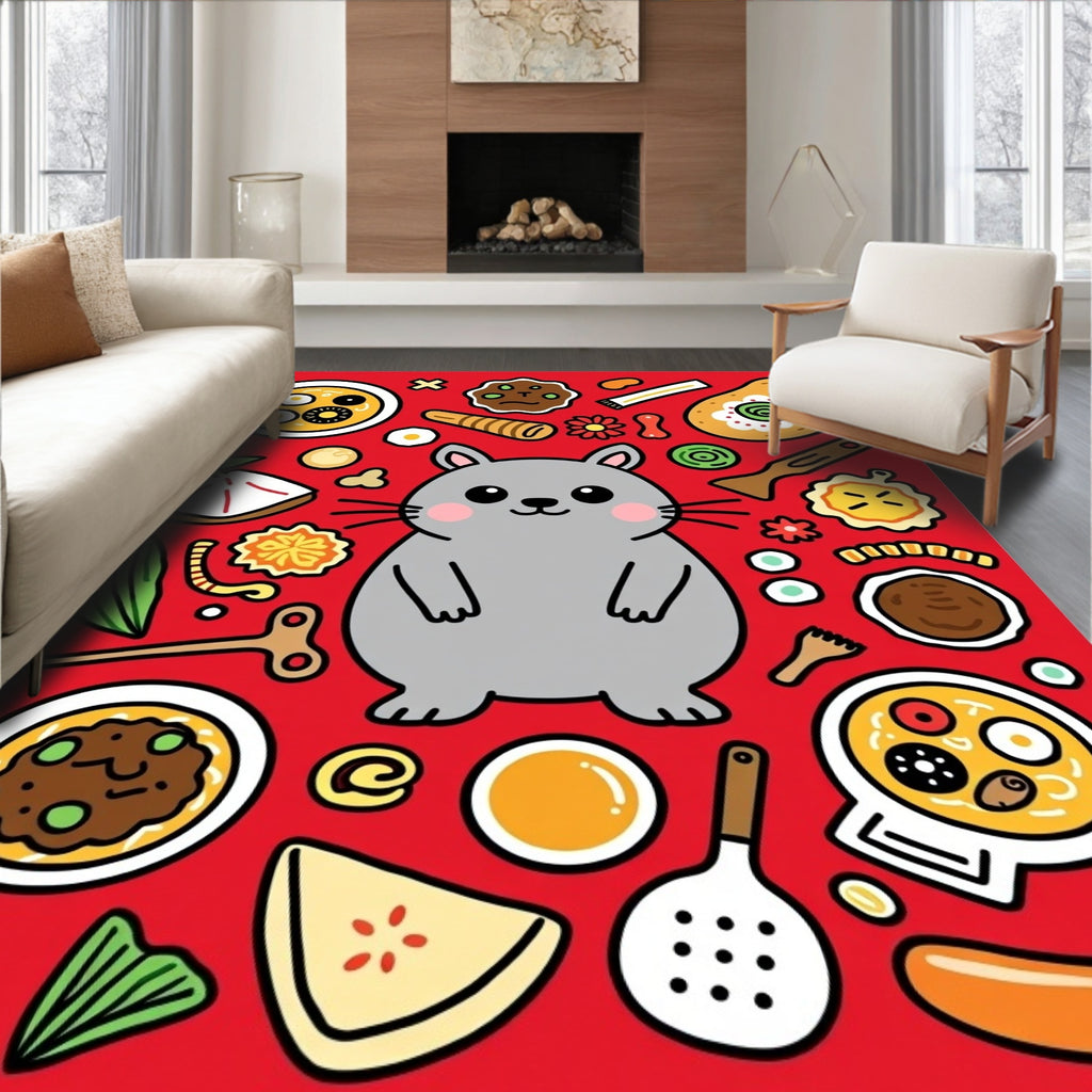 Gray Cat Food Collage Red Rug