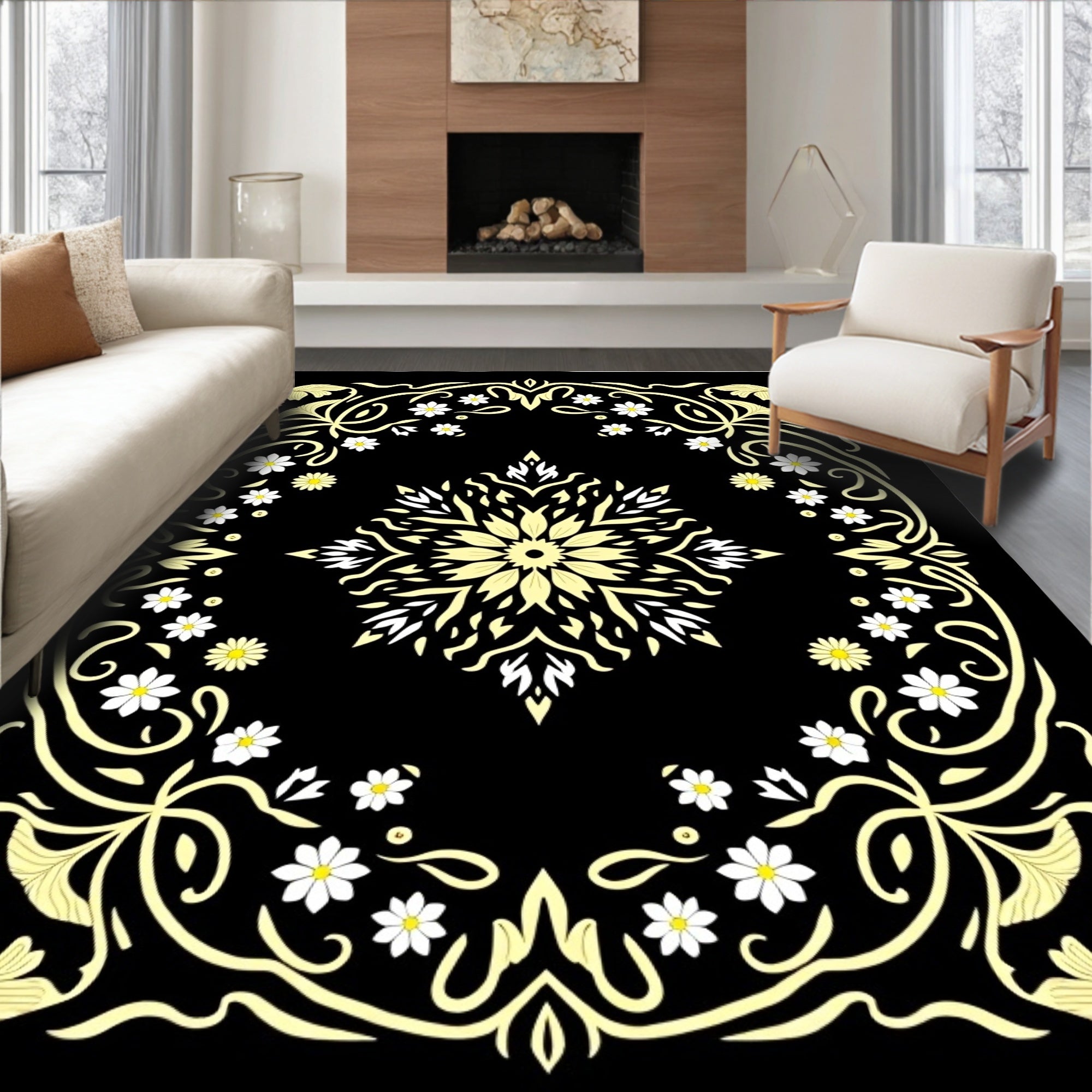 Black Yellow Floral Medallion Border Rug