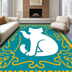 Teal White Whimsical Cat Border Rug