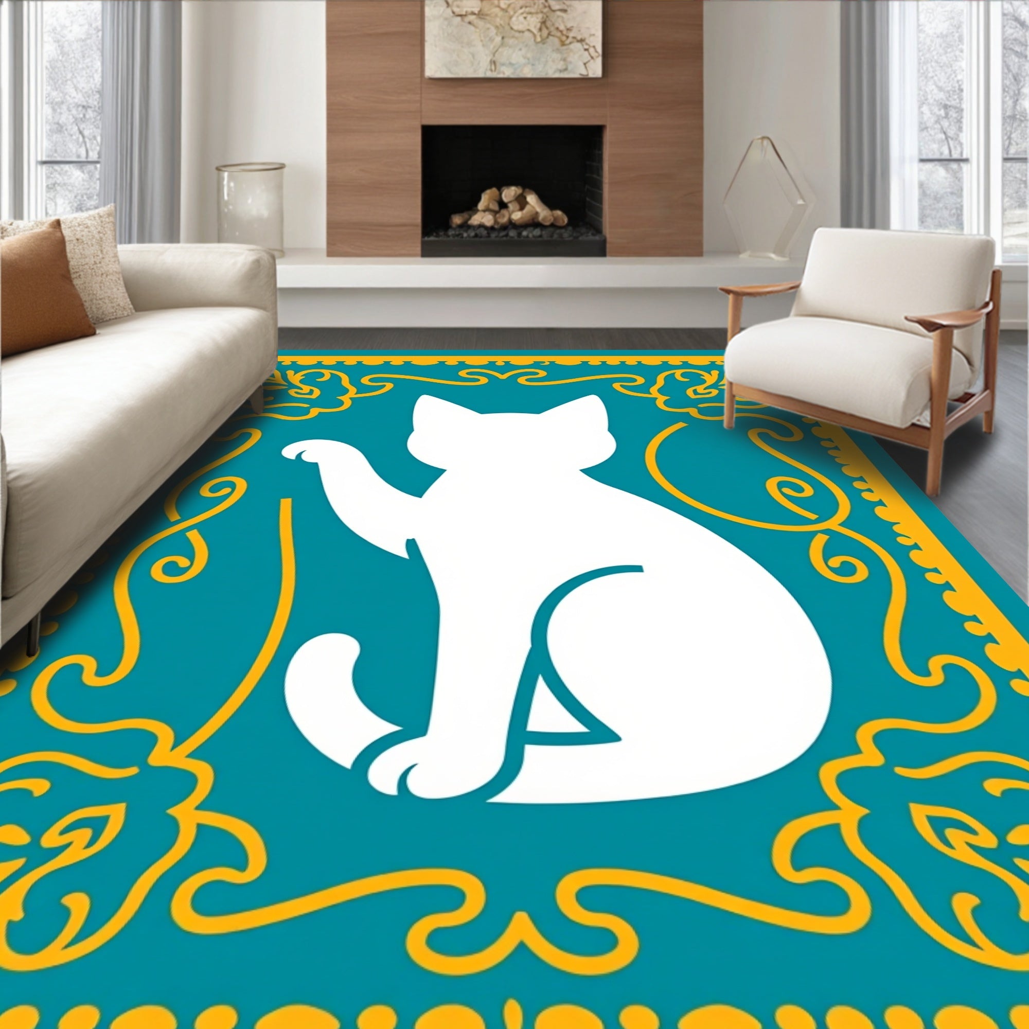 Teal White Whimsical Cat Border Rug