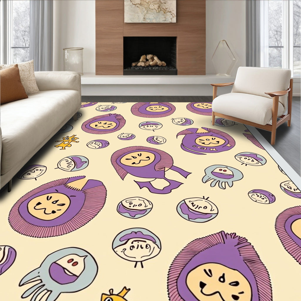 Whimsical Purple Creature Yellow Abstract Rug