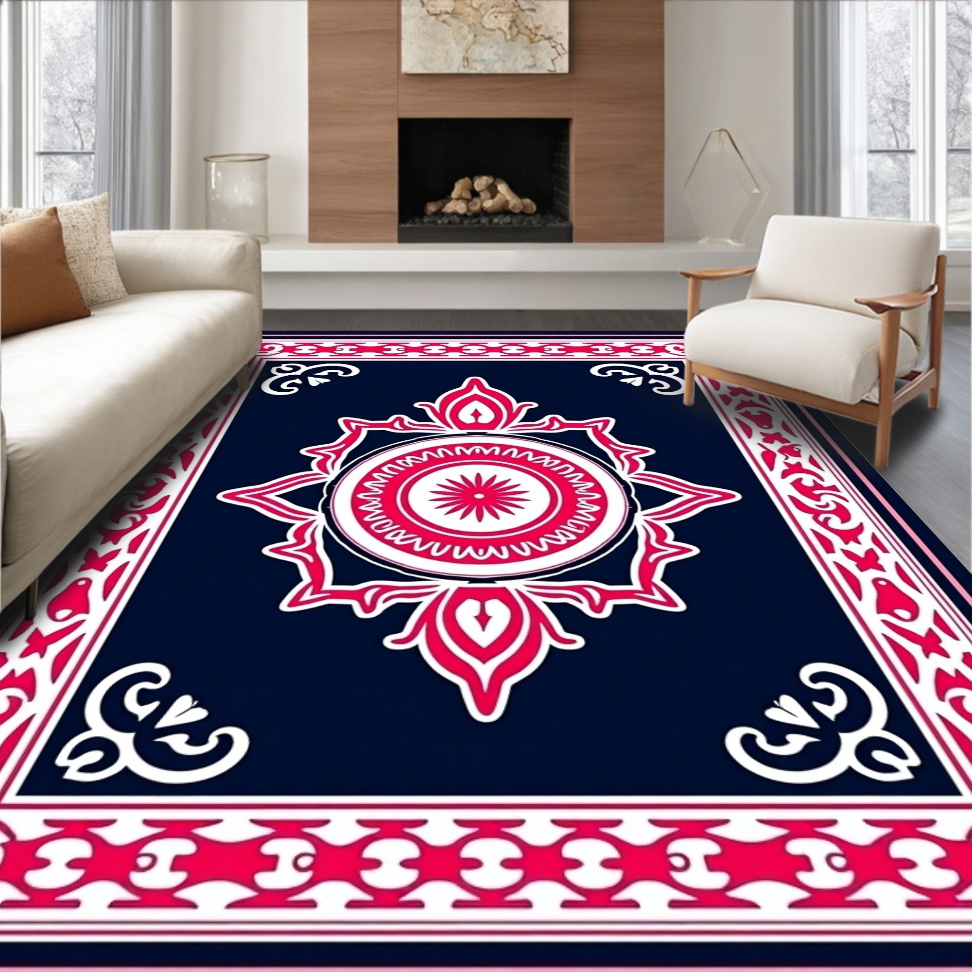 Crimson White Floral Medallion Navy Rug