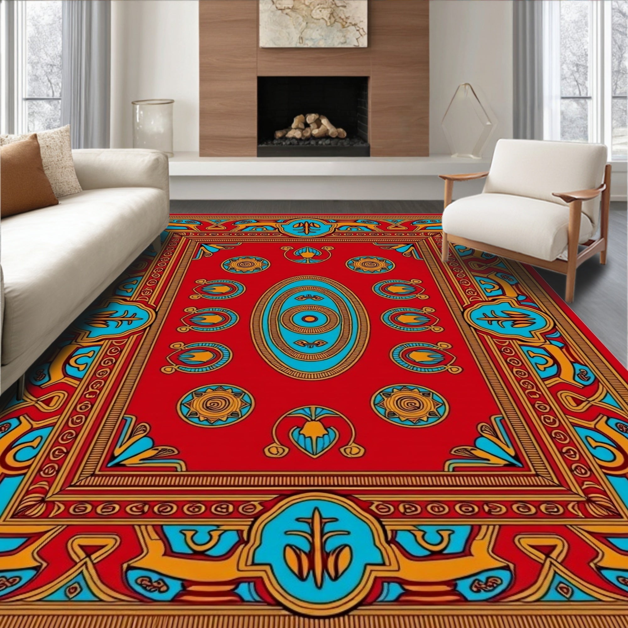 Bright Red Golden Blue Medallion Rug