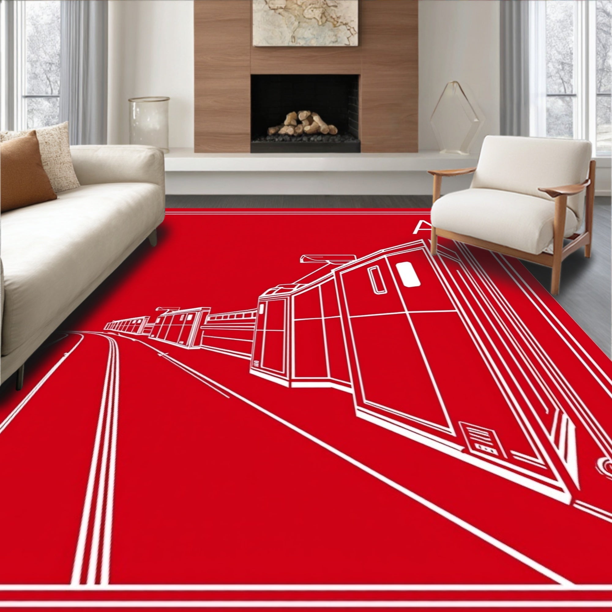 Crimson Train Locomotive Perspective Rug