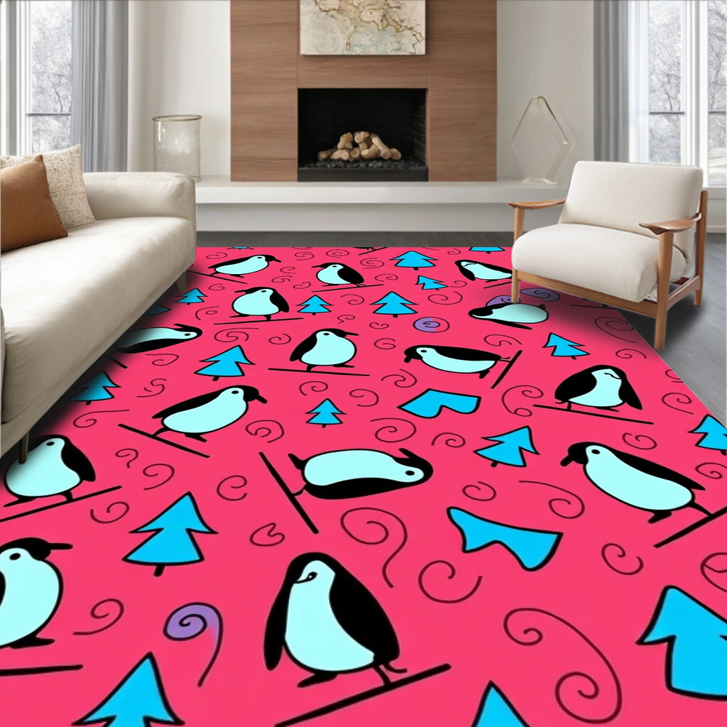 Whimsical Pink Penguin Ski Resort Rug