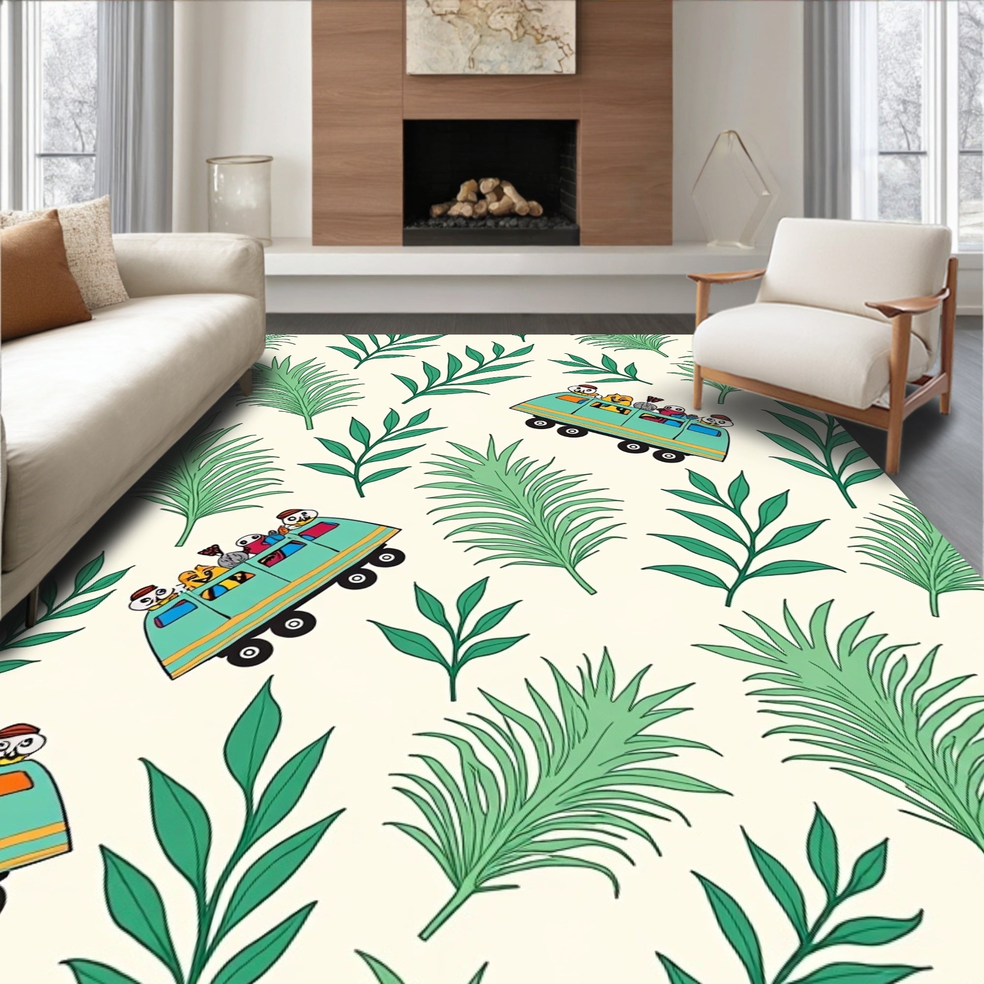 Whimsical Teal Bus Leafy Adventure Rug