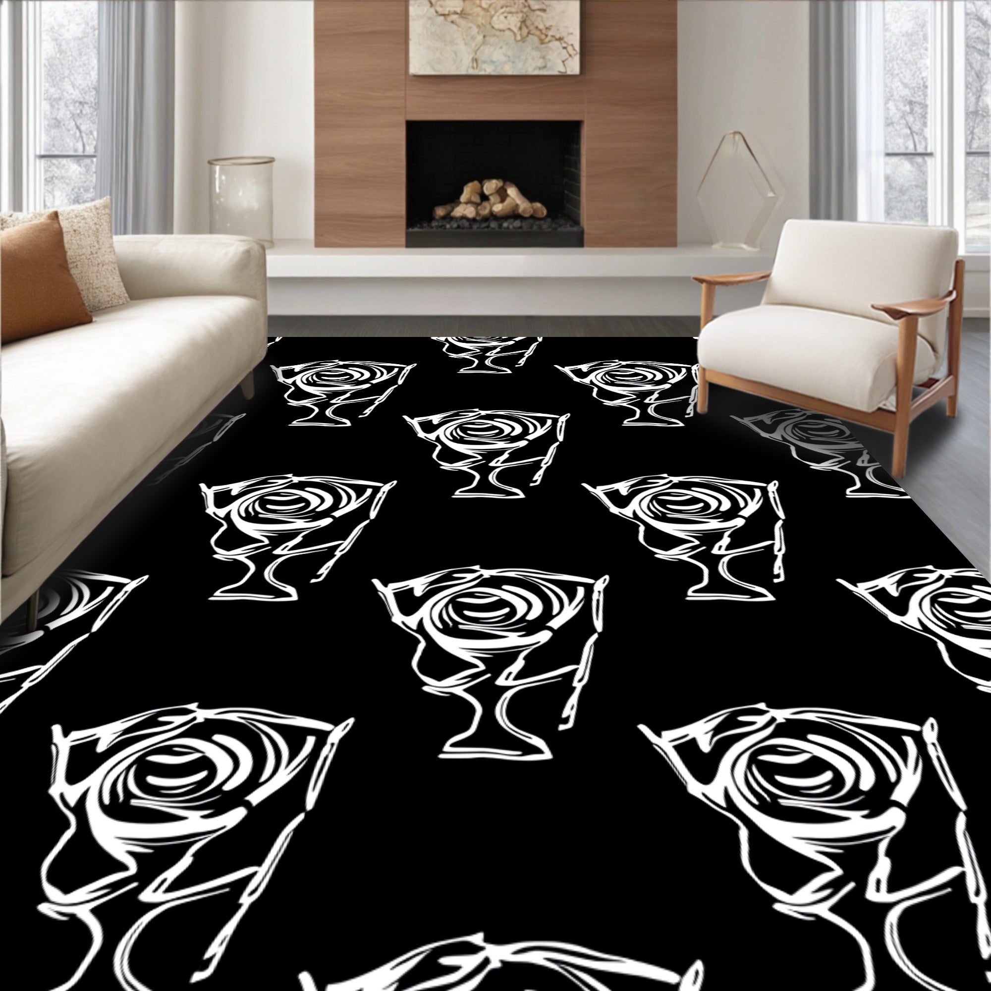 Abstract White Rose Outline Black Rug