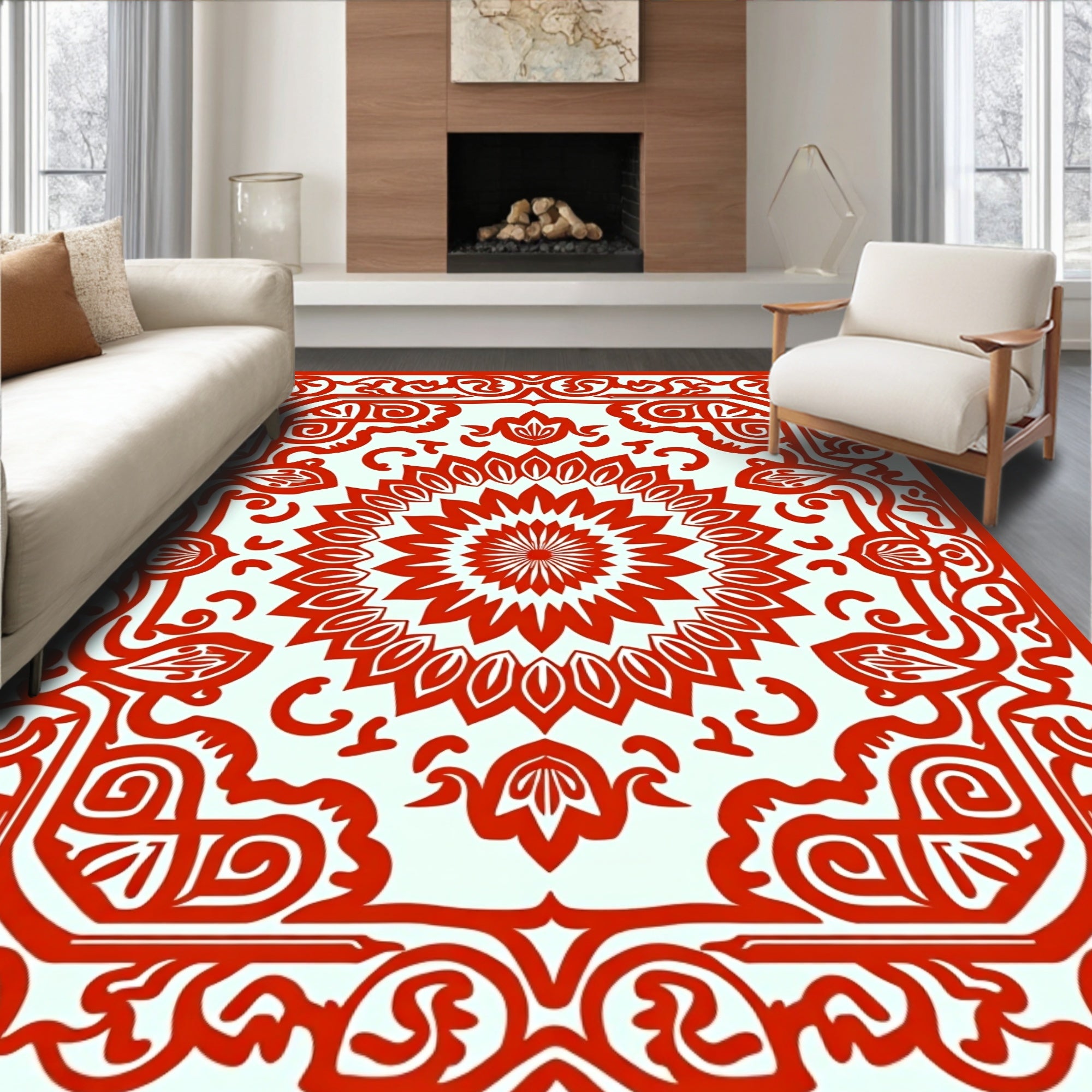 Crimson Floral Mandala Decorative Square Rug
