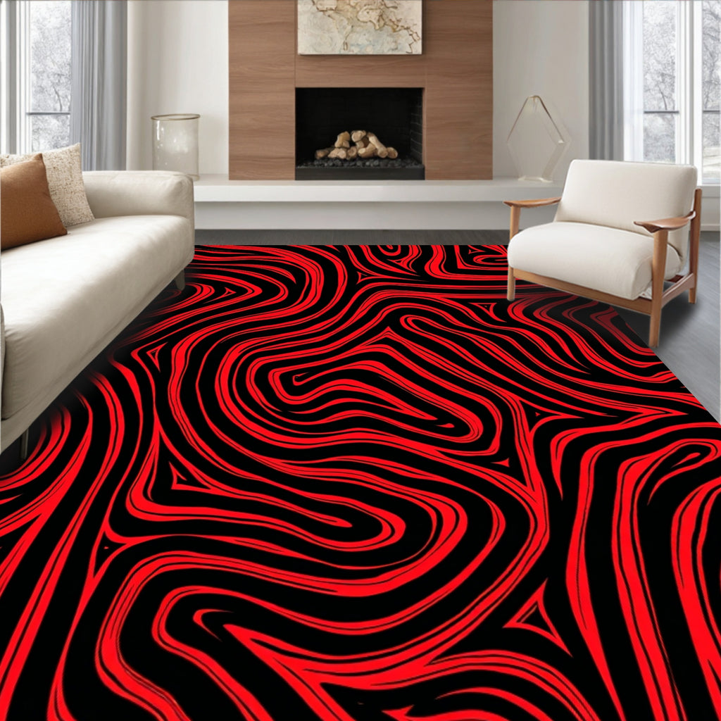 Crimson Black Abstract Swirls Rug