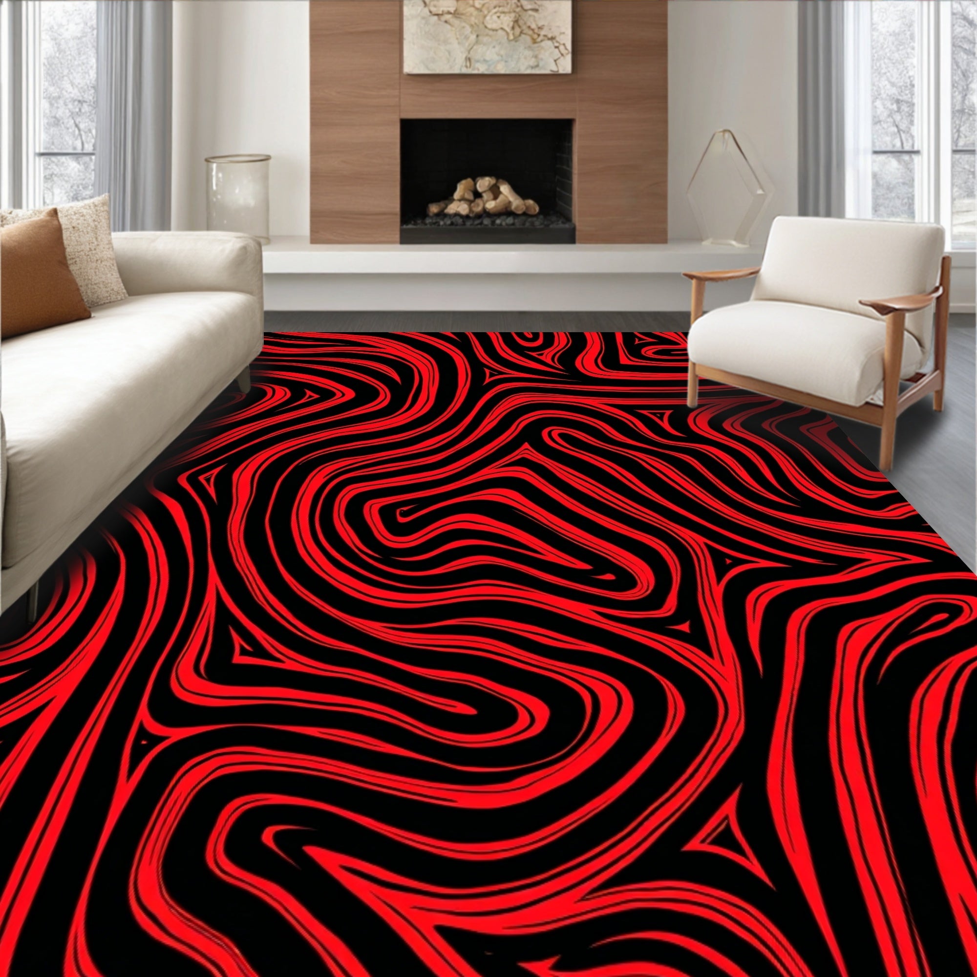 Crimson Black Abstract Swirls Rug