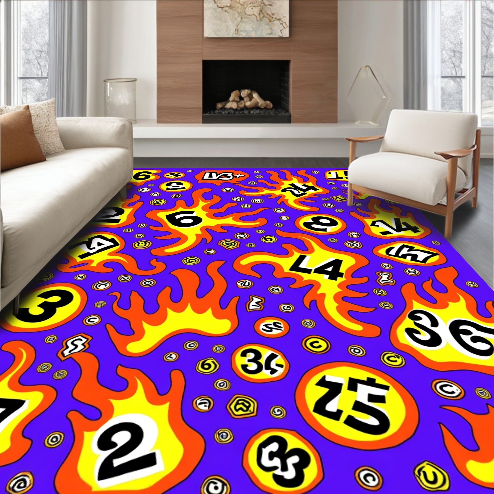 Bold Yellow Flames Number Collage Rug