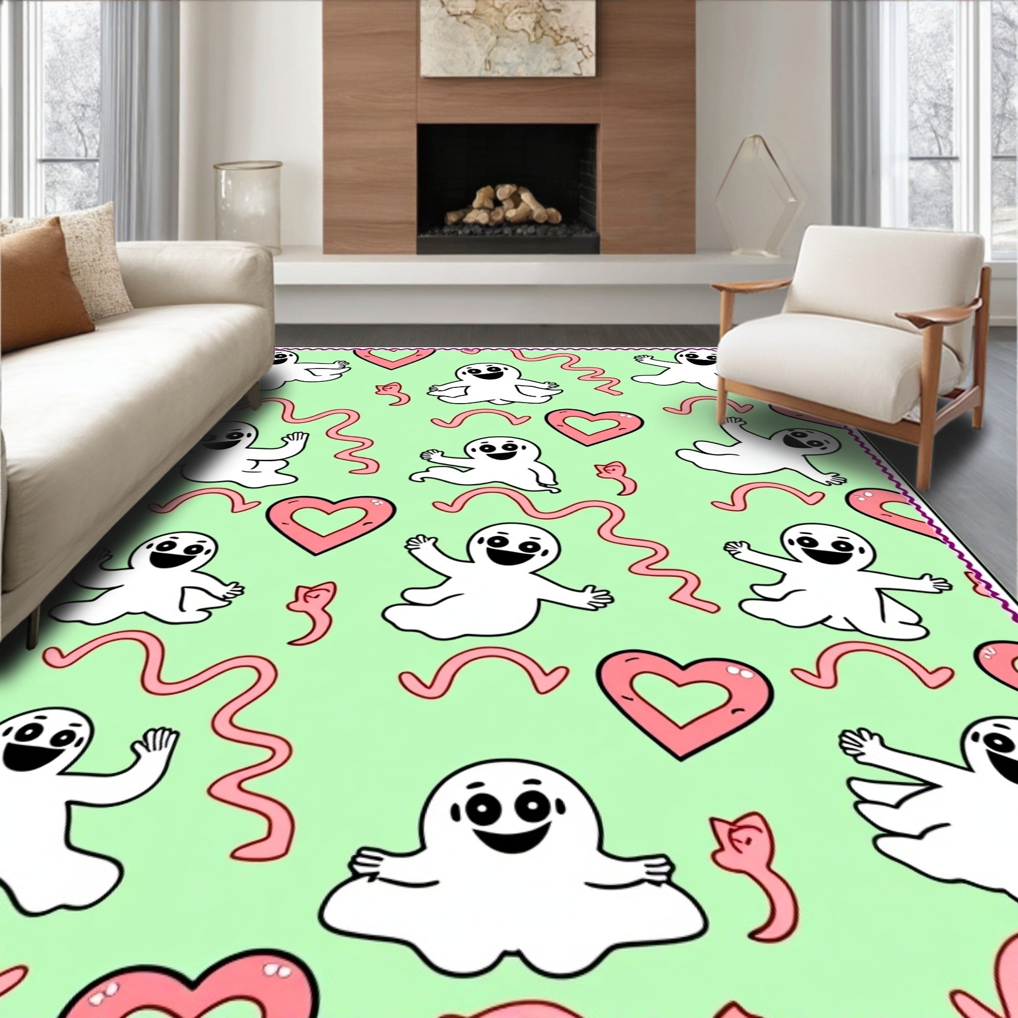 Cute Ghost Heart Swirl Background Rug