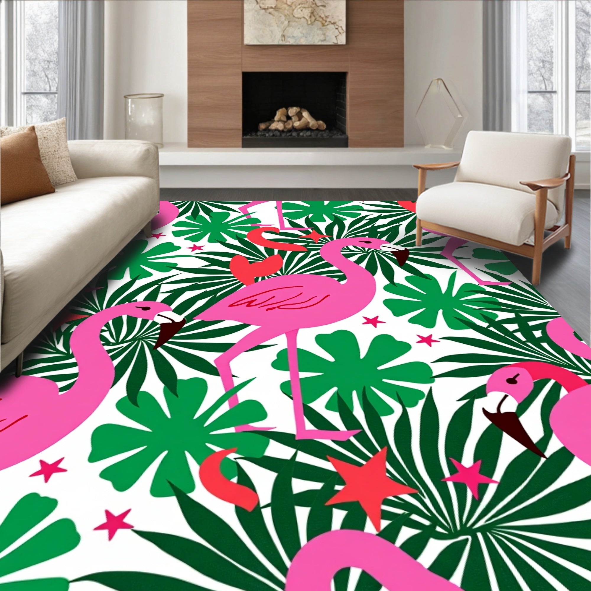 Pink Flamingos Green Tropical Leaves Red Accents Rug