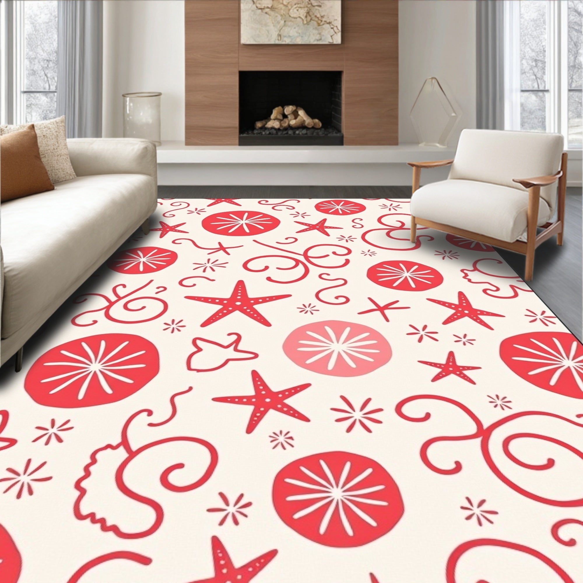 Coastal Red Starfish Sand Dollar Swirls Rug