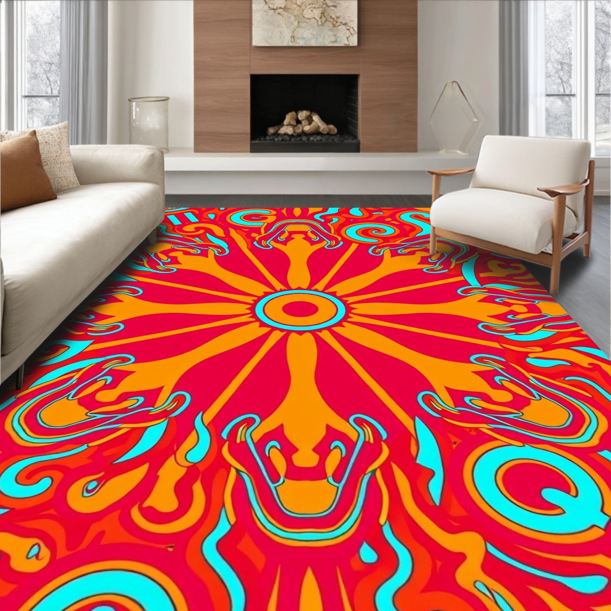 Psychedelic Sunburst Swirl Red Orange Rug