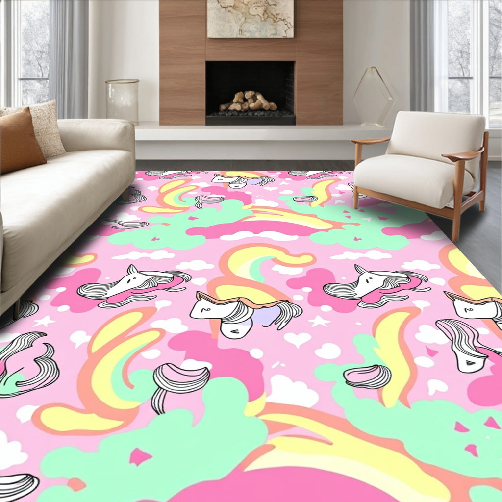 Whimsical Pink Unicorn Rainbow Clouds Rug