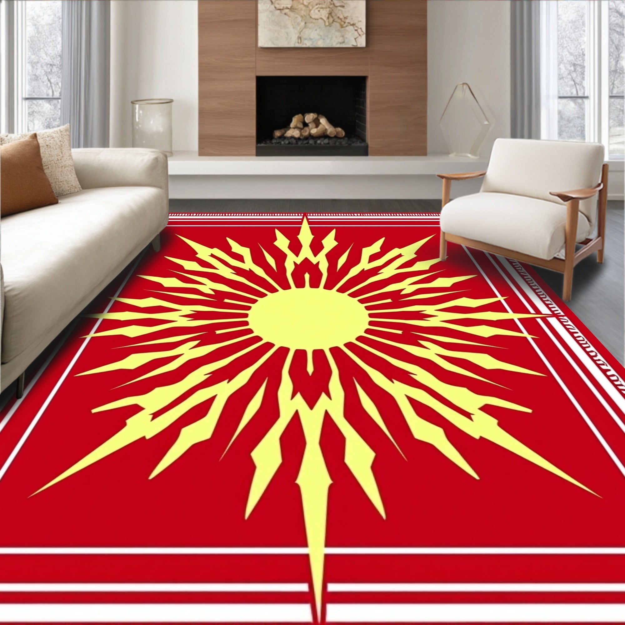 Radiant Sunburst Red Gold Art Rug
