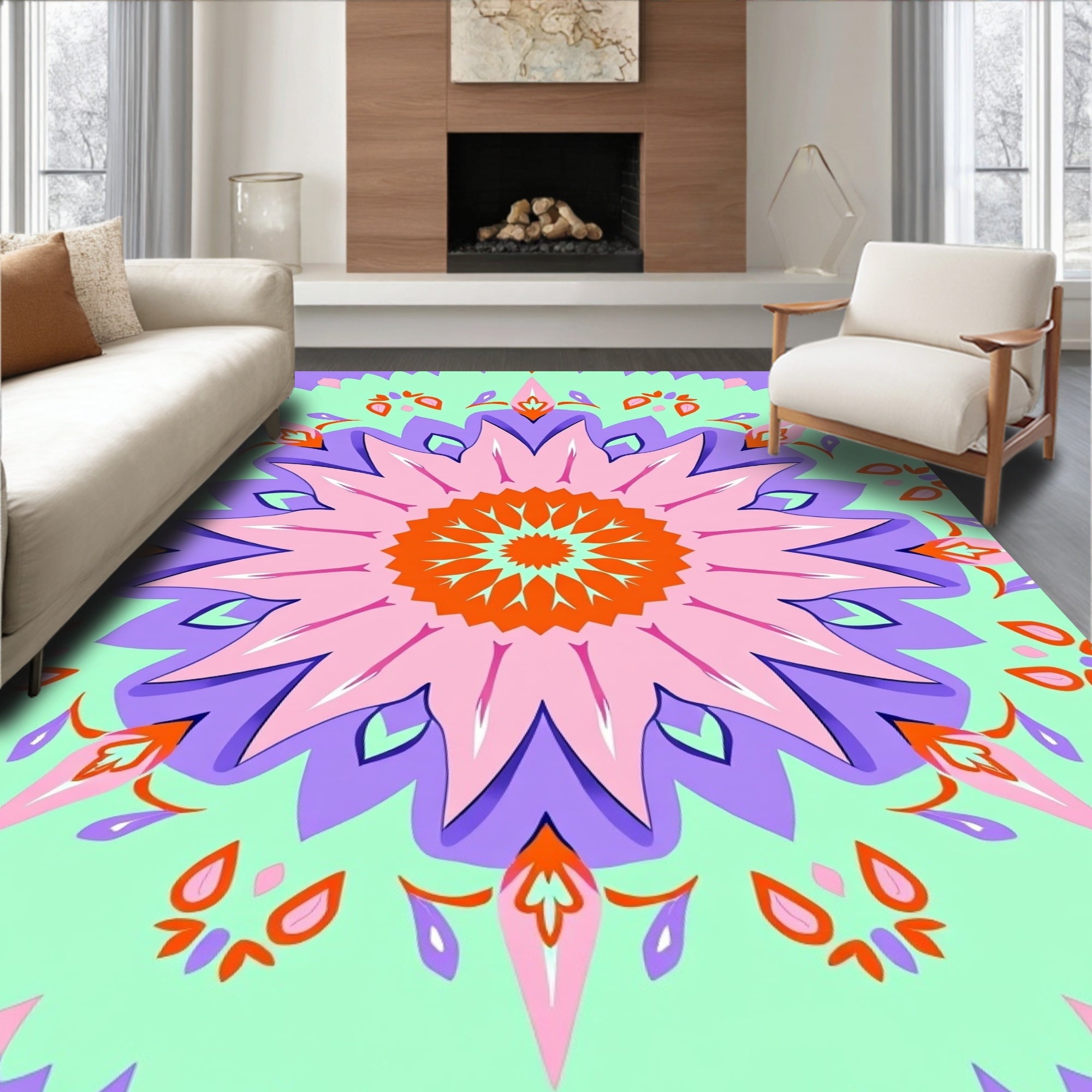 Vibrant Orange Pink Mandala Medallion Rug