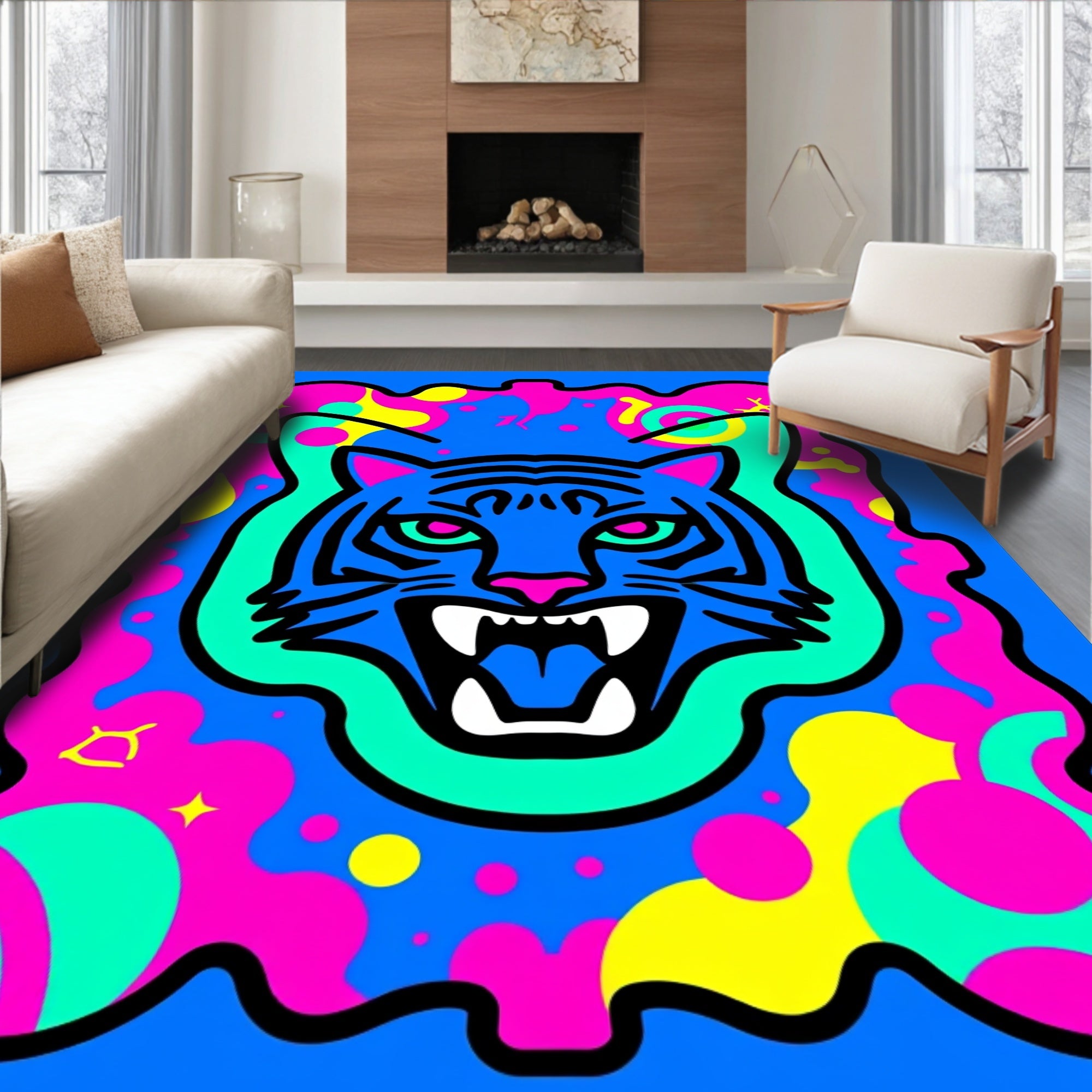 Vivid Blue Tiger Cosmic Swirls Rug