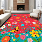 Bright Red Floral Butterfly Garden Rug