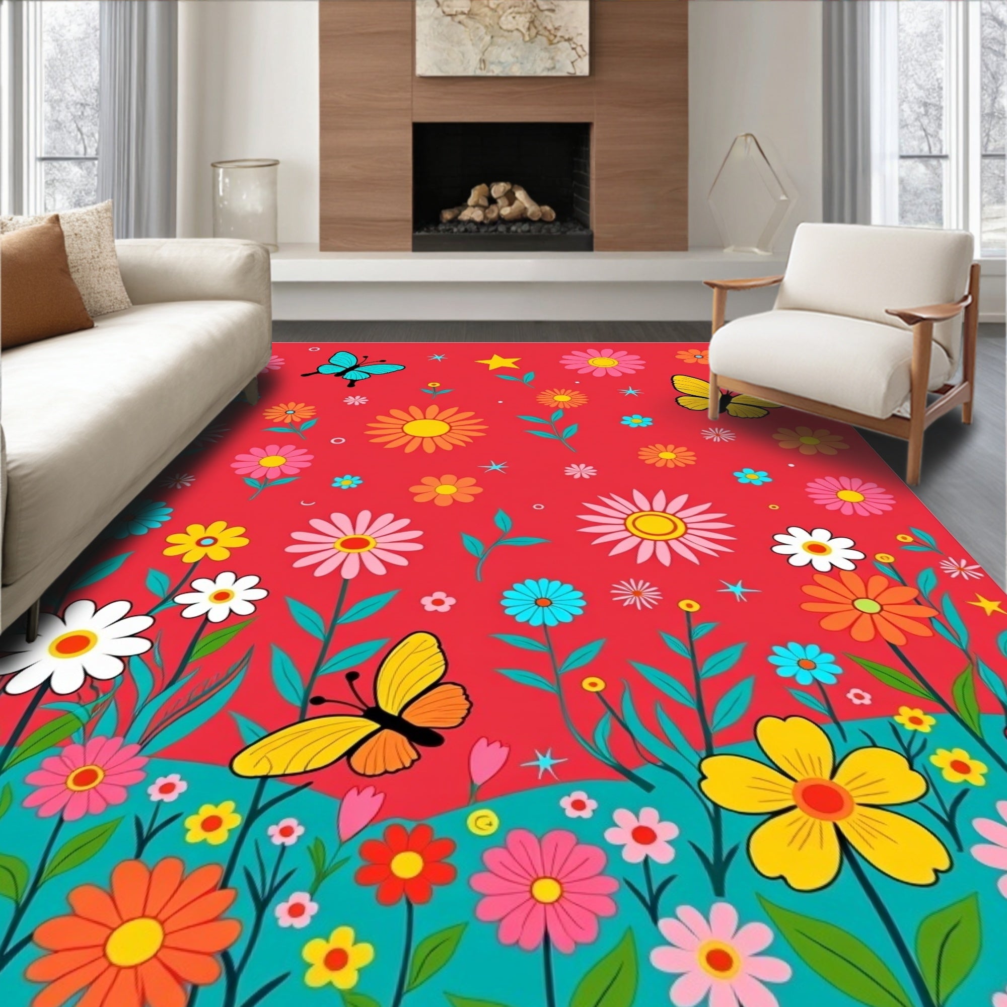 Bright Red Floral Butterfly Garden Rug