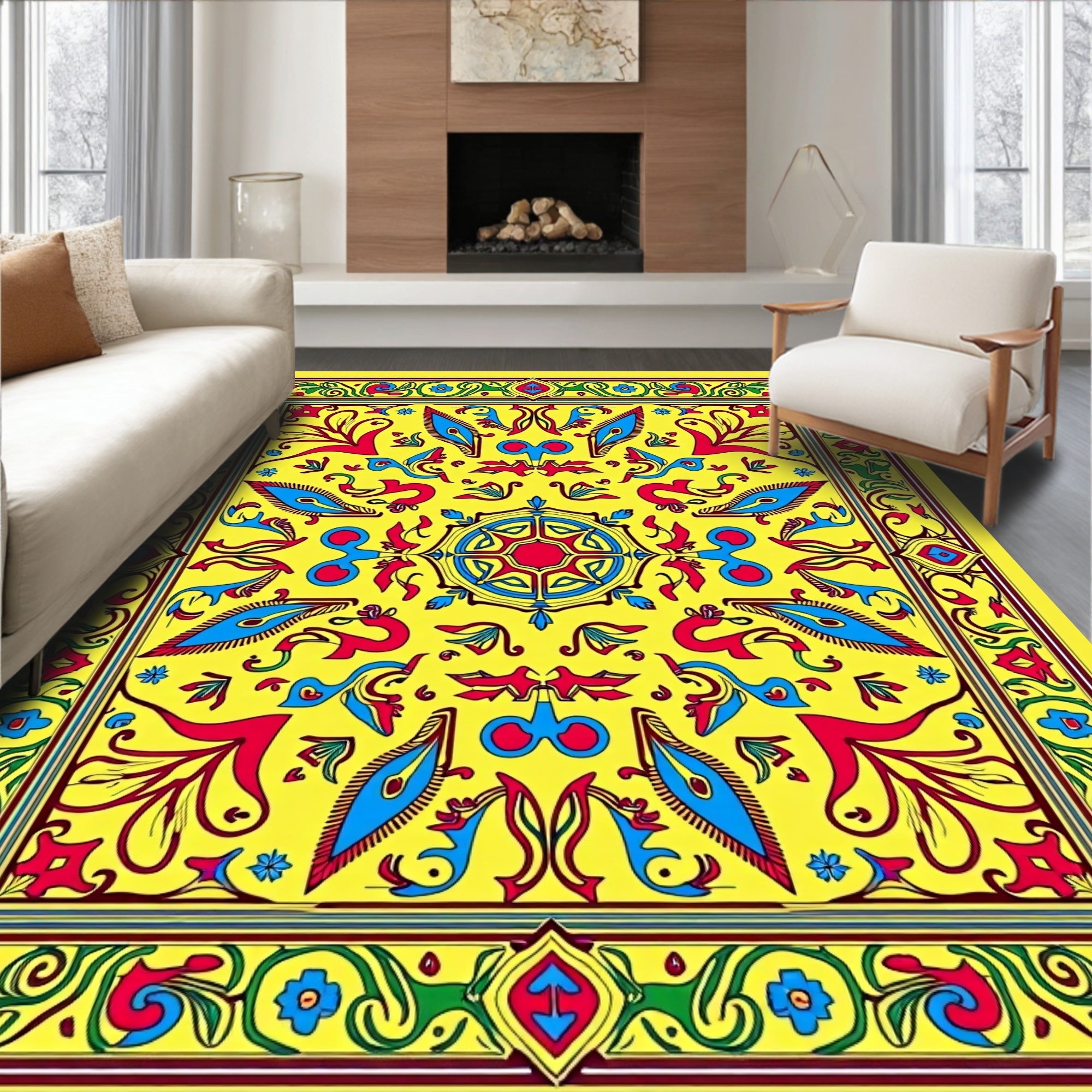 Vivid Yellow Red Blue Floral Medallion Rug