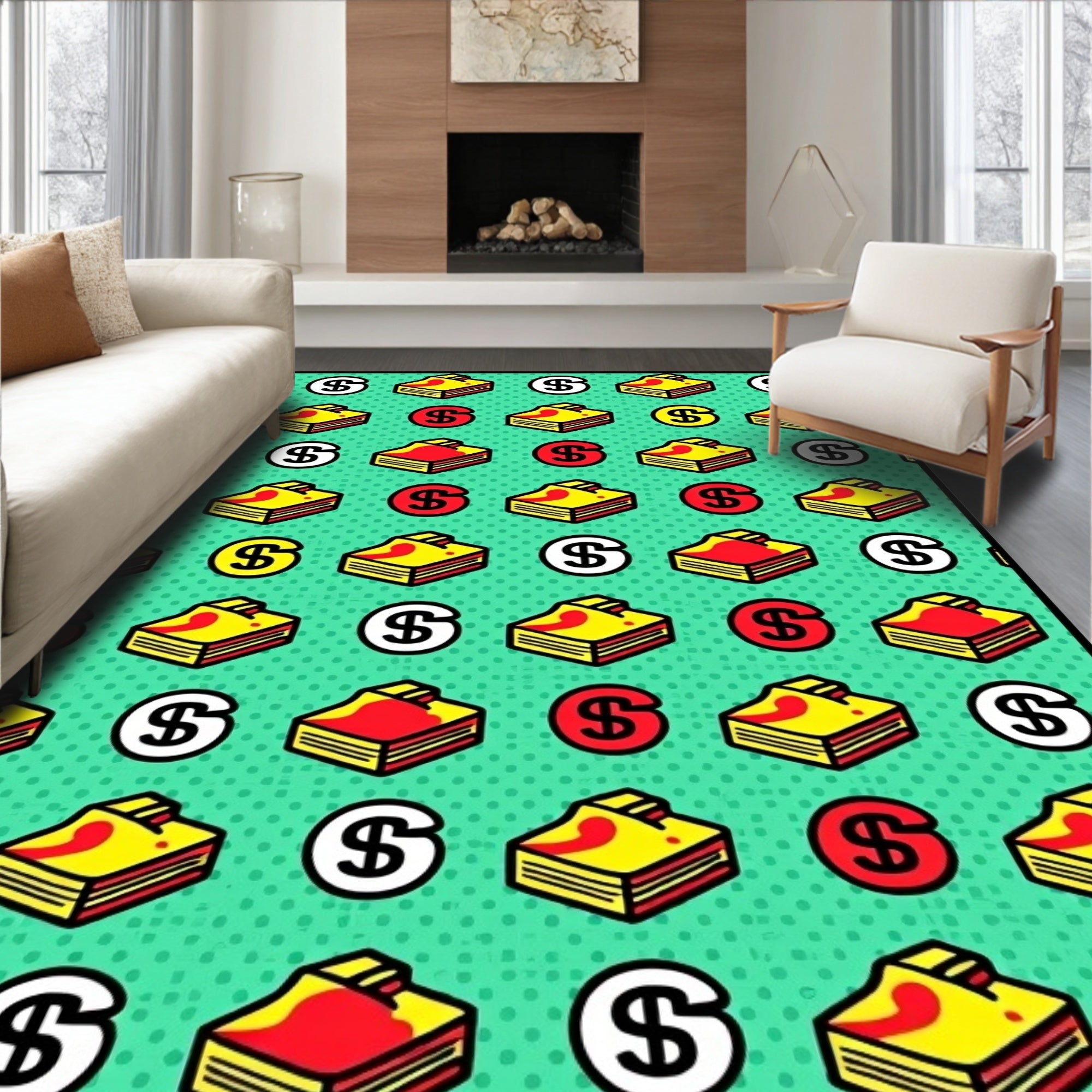 Bold Green Dollar Sign Stacked Coins Rug