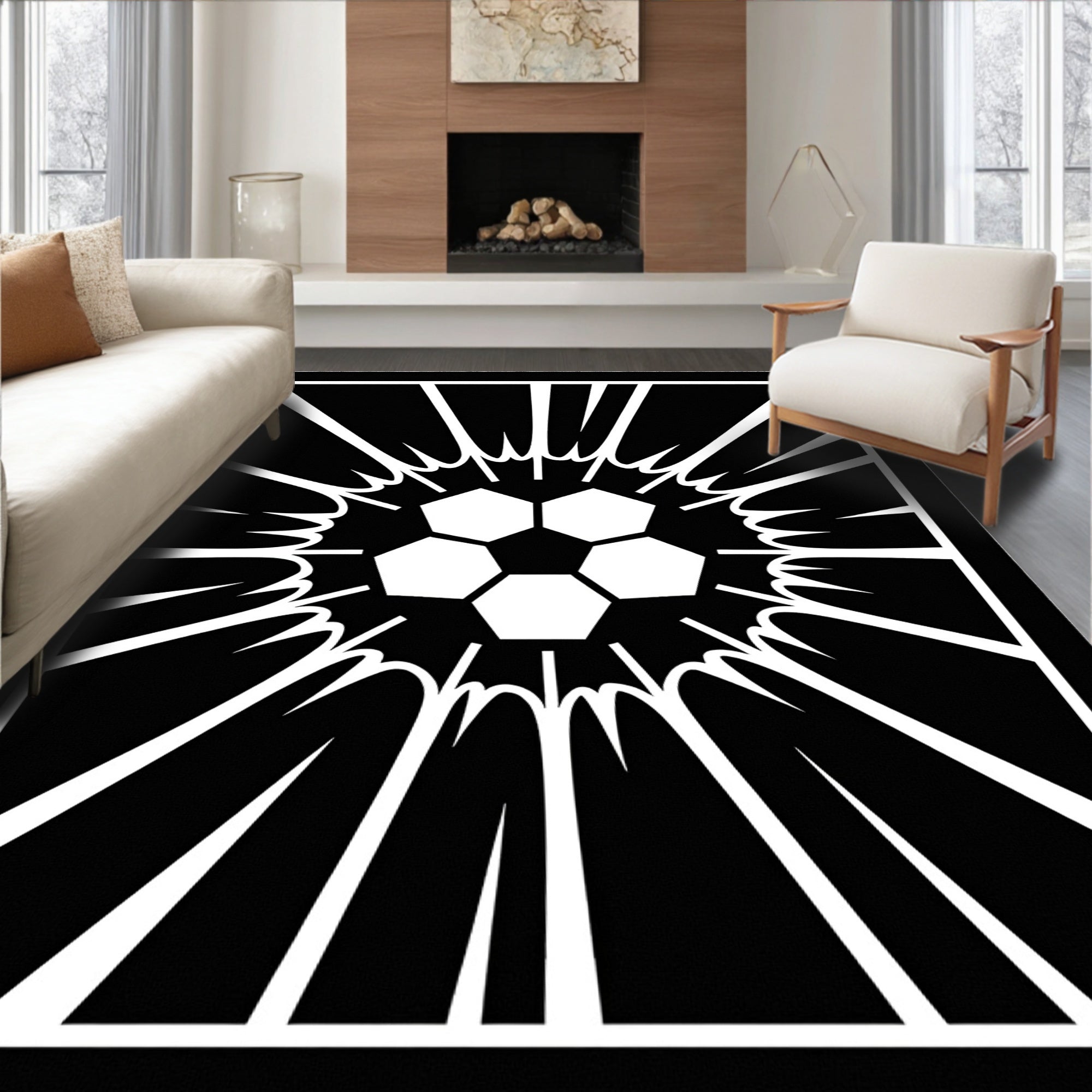 Striking Black White Soccer Ball Burst Rug