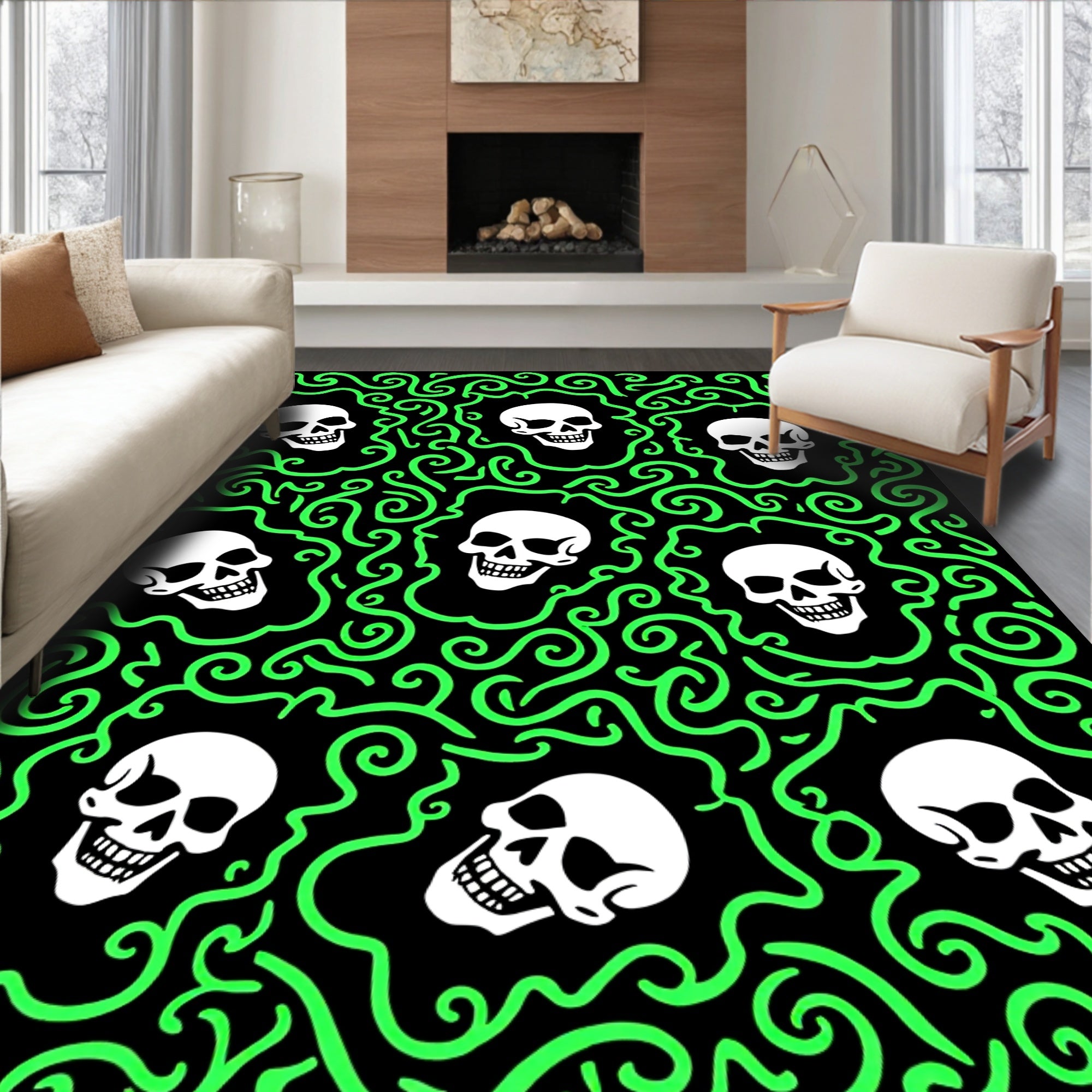 Glow Skull Swirls Black Rug
