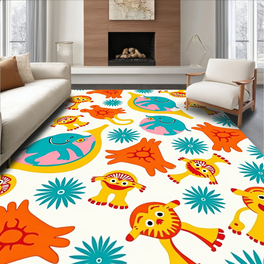 Whimsical Creatures Teal Orange Yellow Rug