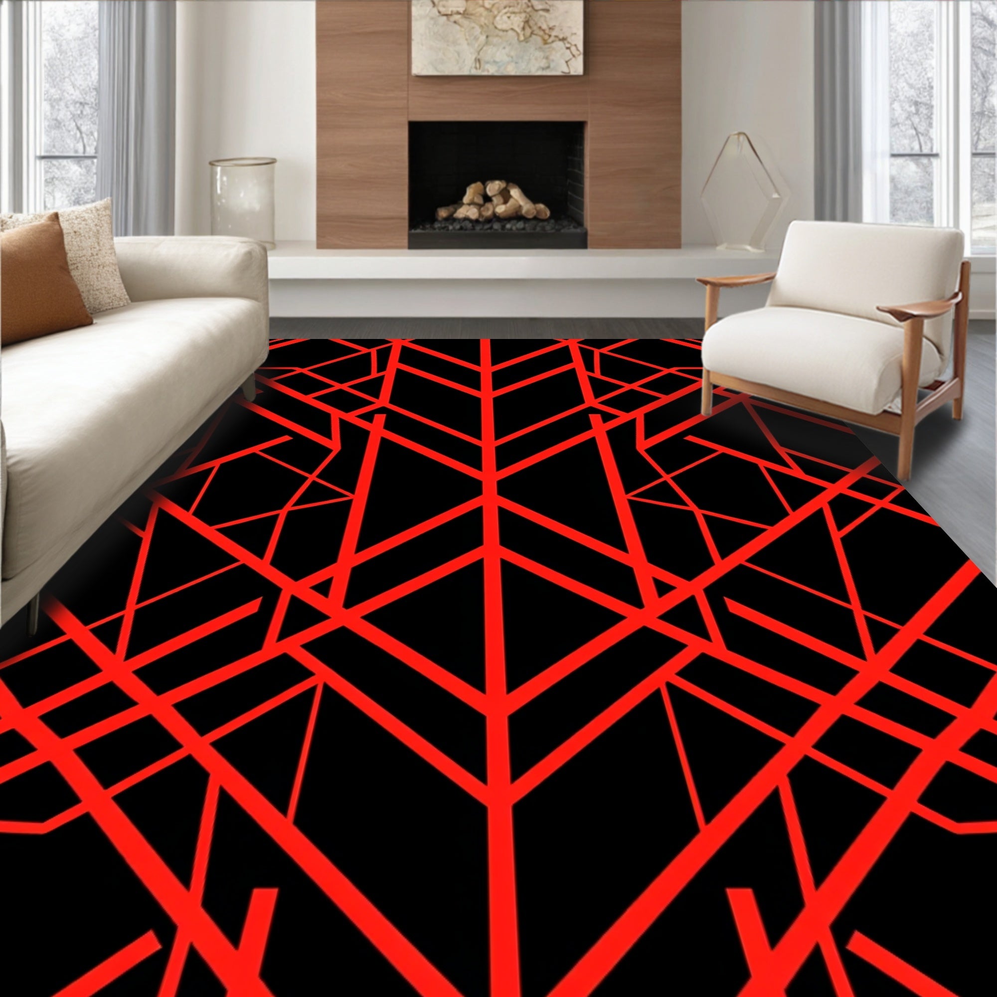 Bold Red Geometric Intersecting Lines Rug