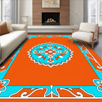 Vibrant Orange Teal Floral Medallion Rug