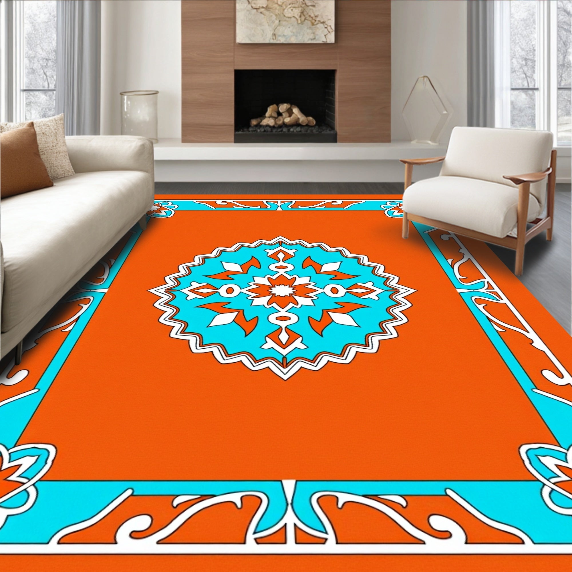 Vibrant Orange Teal Floral Medallion Rug