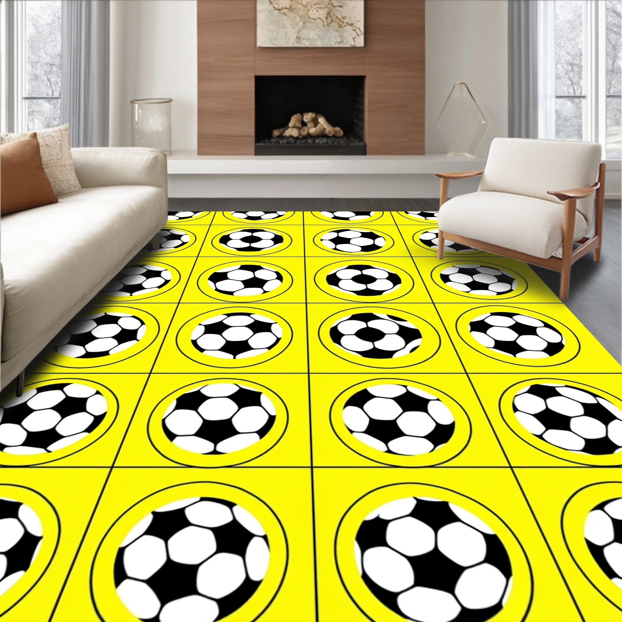 Classic Soccer Ball Yellow Grid Rug
