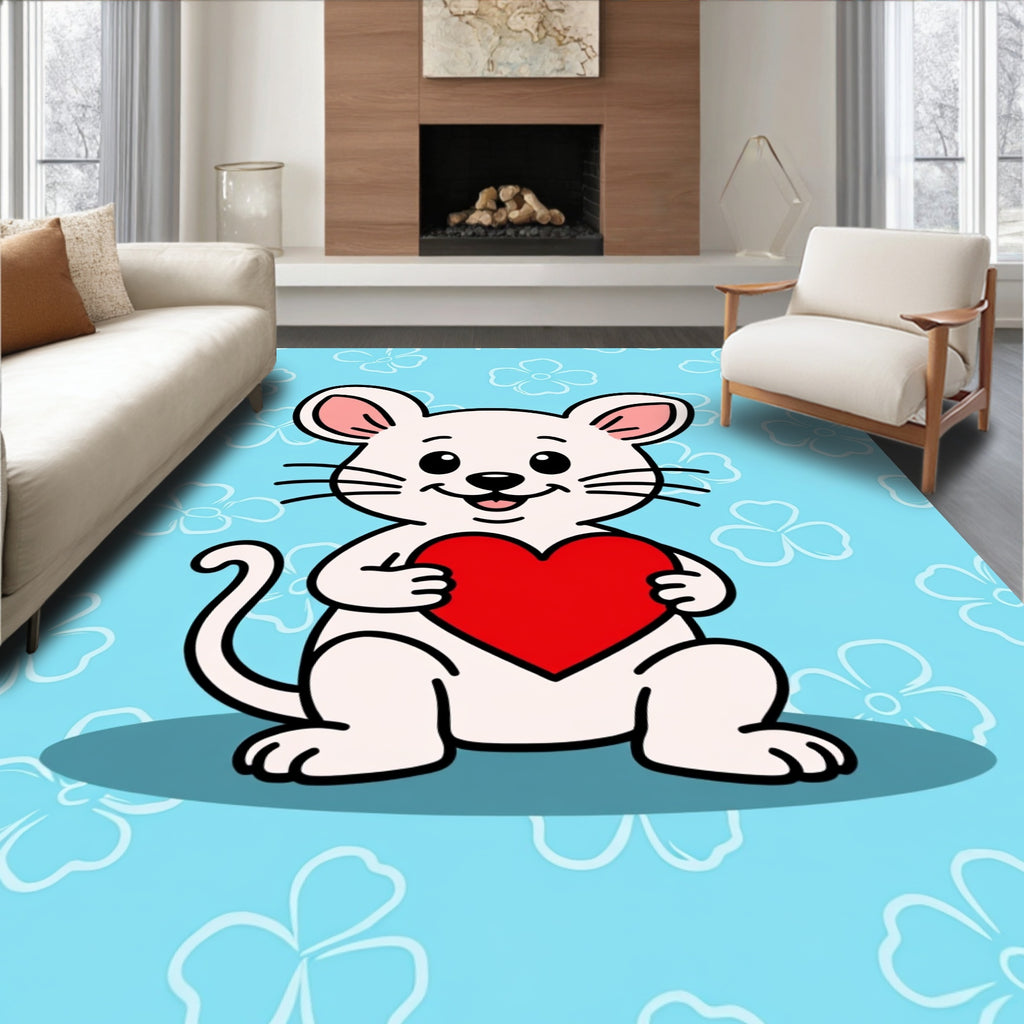 Cute White Mouse Red Heart Background Rug