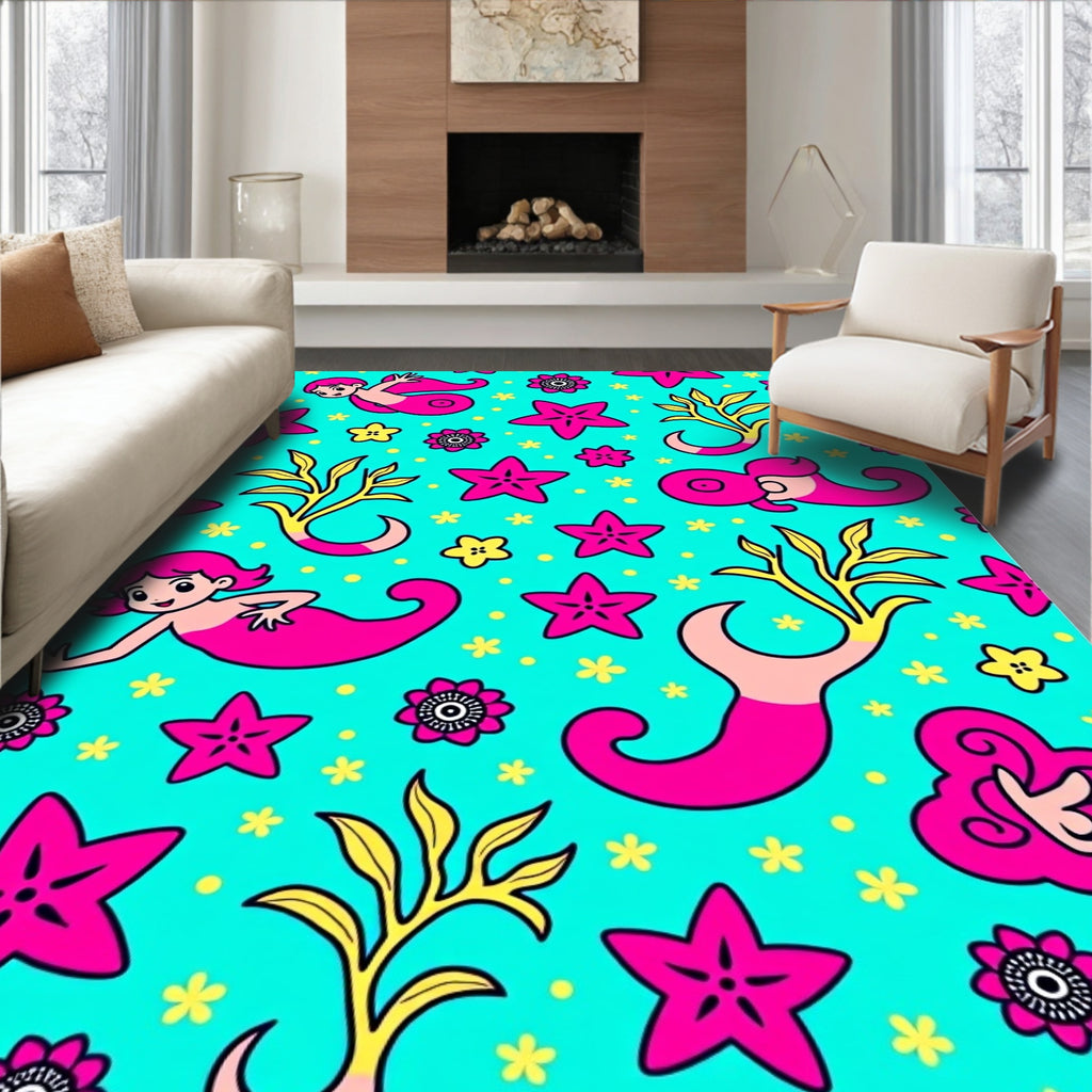 Cute Pink Mermaid Starfish Floral Aqua Rug